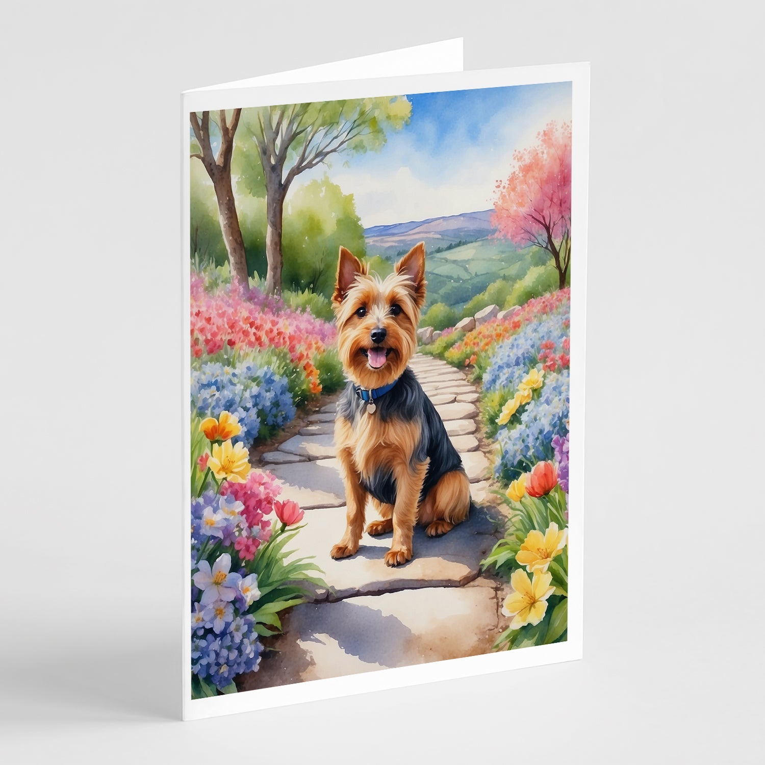 Australian Terrier Spring Garden Greeting Cards Pack of 8 Blank Cards with Envelopes Whimsical A7 Size 5x7