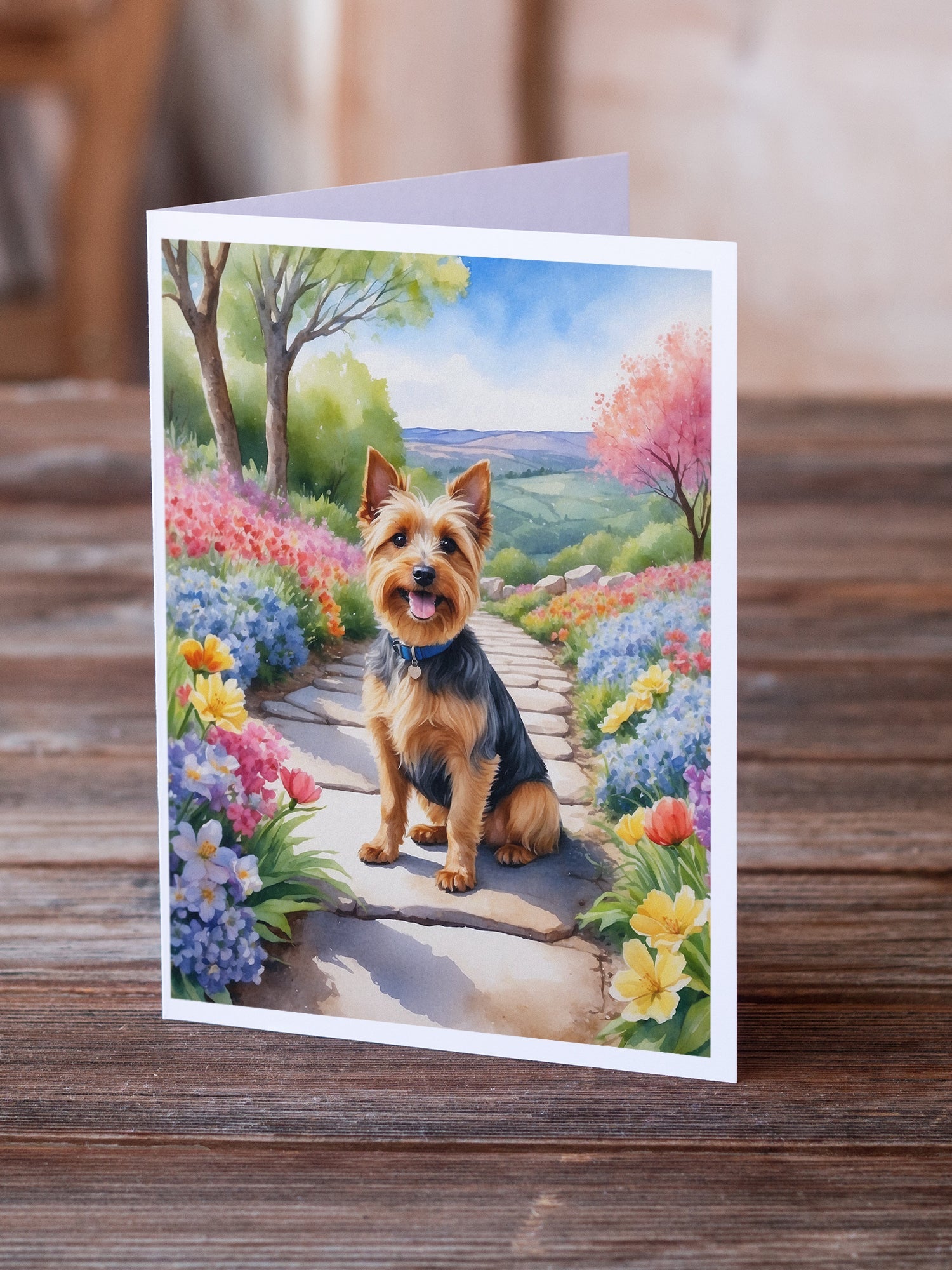 Australian Terrier Spring Garden Greeting Cards Pack of 8 Blank Cards with Envelopes Whimsical A7 Size 5x7