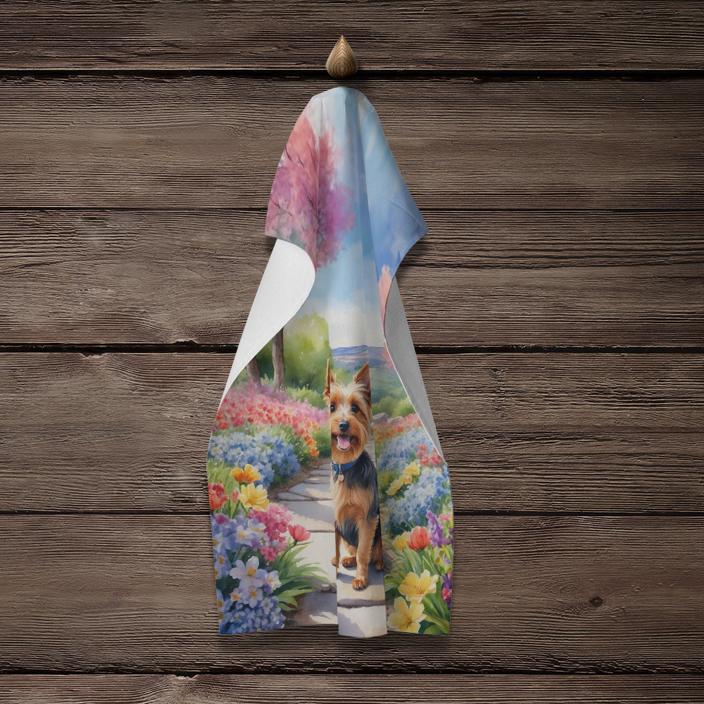 Australian Terrier Spring Garden Kitchen Towel Velour Plush Front and Cotton Loop Back Machine Washable
