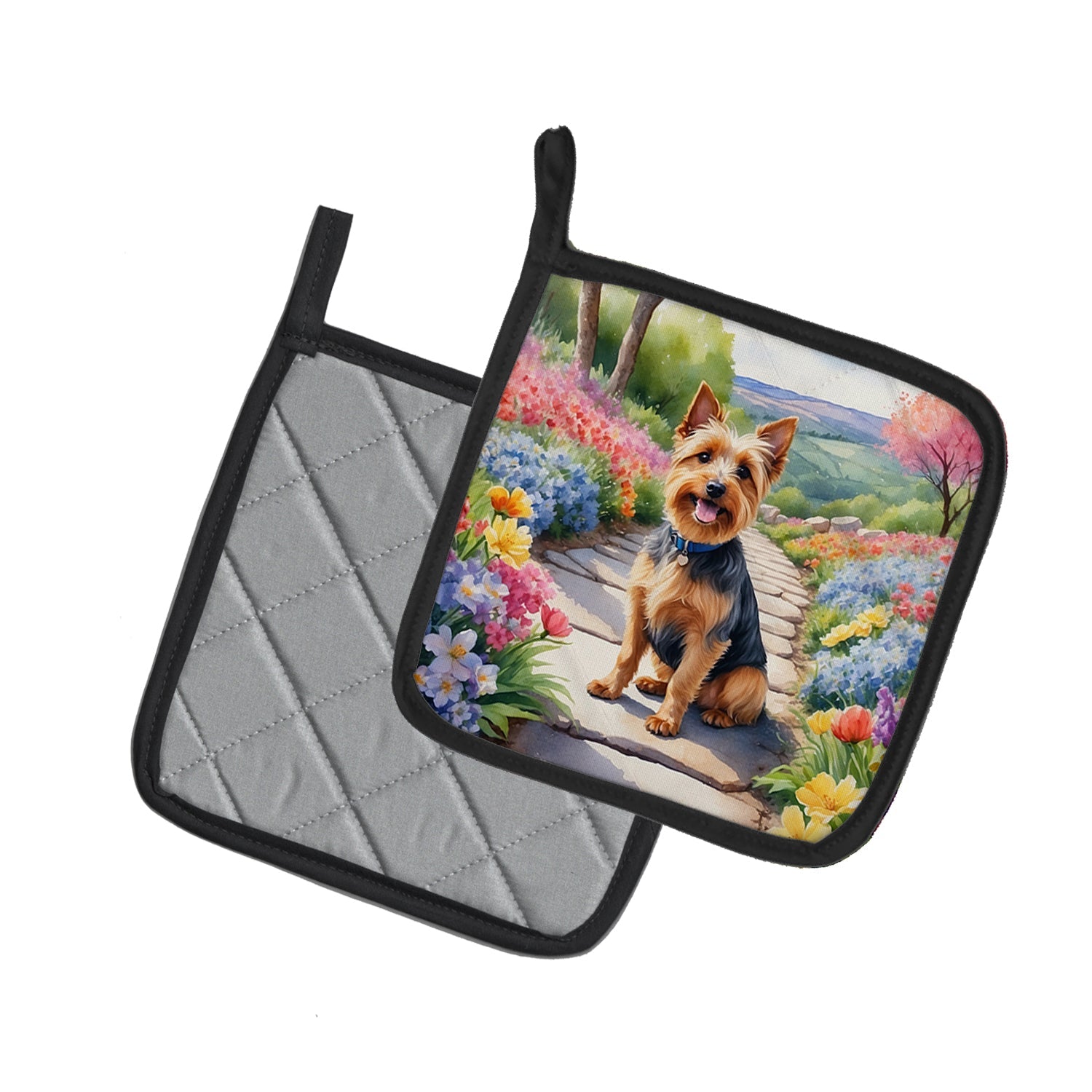 Australian Terrier Spring Garden Pot Holder Set of 2 Heat Resistant Quilted Hot Pads 7.5 x 7.5 Inch, Insulated Kitchen Trivets for Cooking & Baking