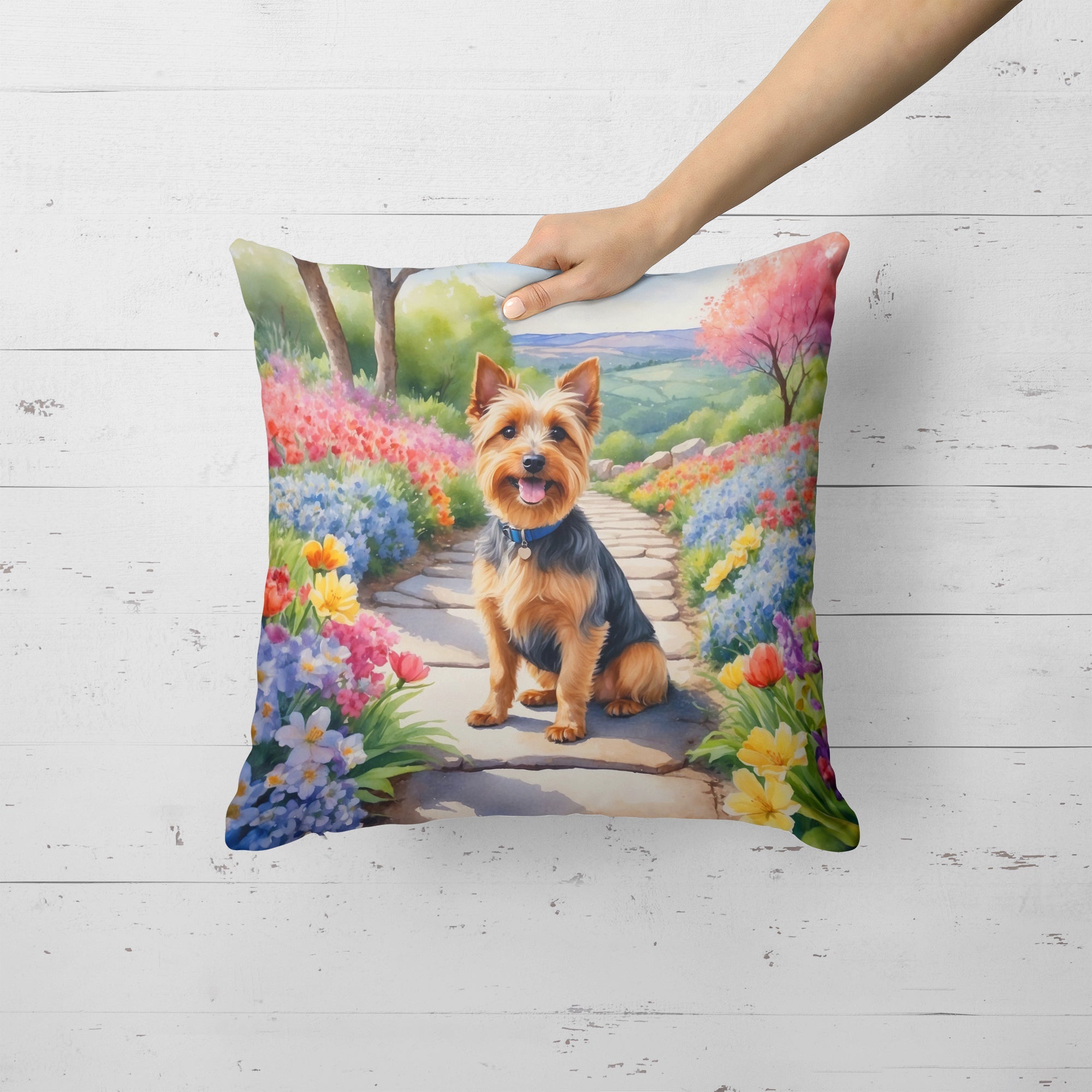 Australian Terrier Spring Garden Decorative Throw Pillow 18x18 Indoor Outdoor Accent Cushion, Fabric Cover with Insert for Sofa, Bed, Porch & Living Room