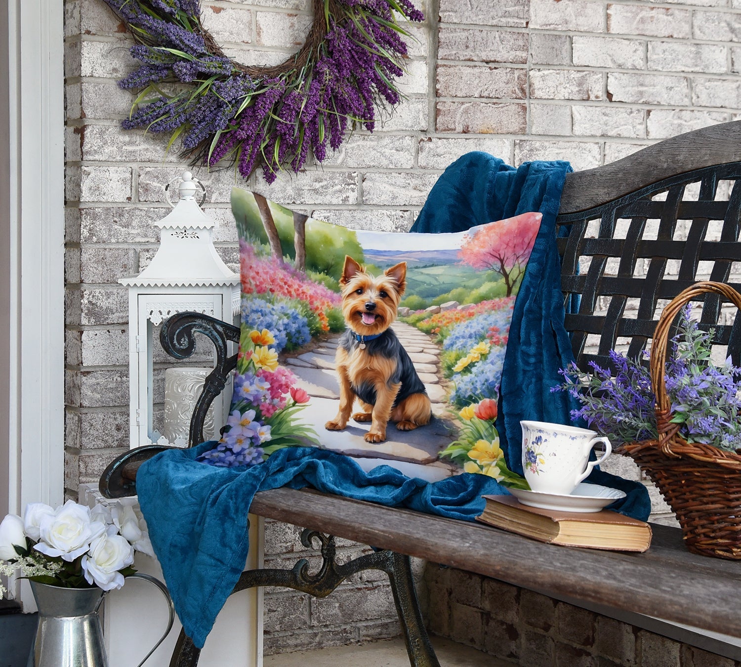 Australian Terrier Spring Garden Decorative Throw Pillow 18x18 Indoor Outdoor Accent Cushion, Fabric Cover with Insert for Sofa, Bed, Porch & Living Room