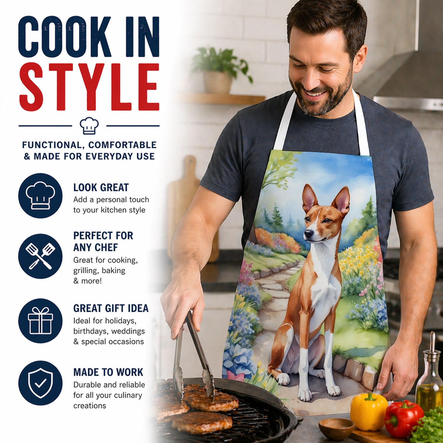 Basenji Spring Garden Apron Cooking Kitchen Server Baking Crafts Gardening for Adult Women Men, Unisex, Large, Multicolor