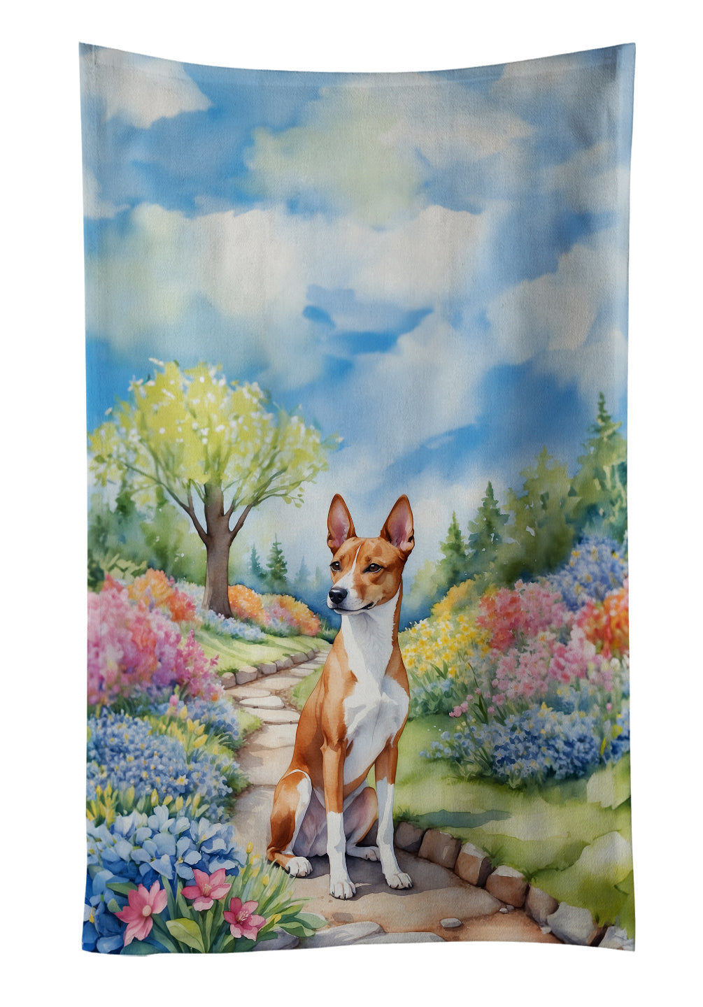 Basenji Spring Garden Kitchen Towel Velour Plush Front and Cotton Loop Back Machine Washable