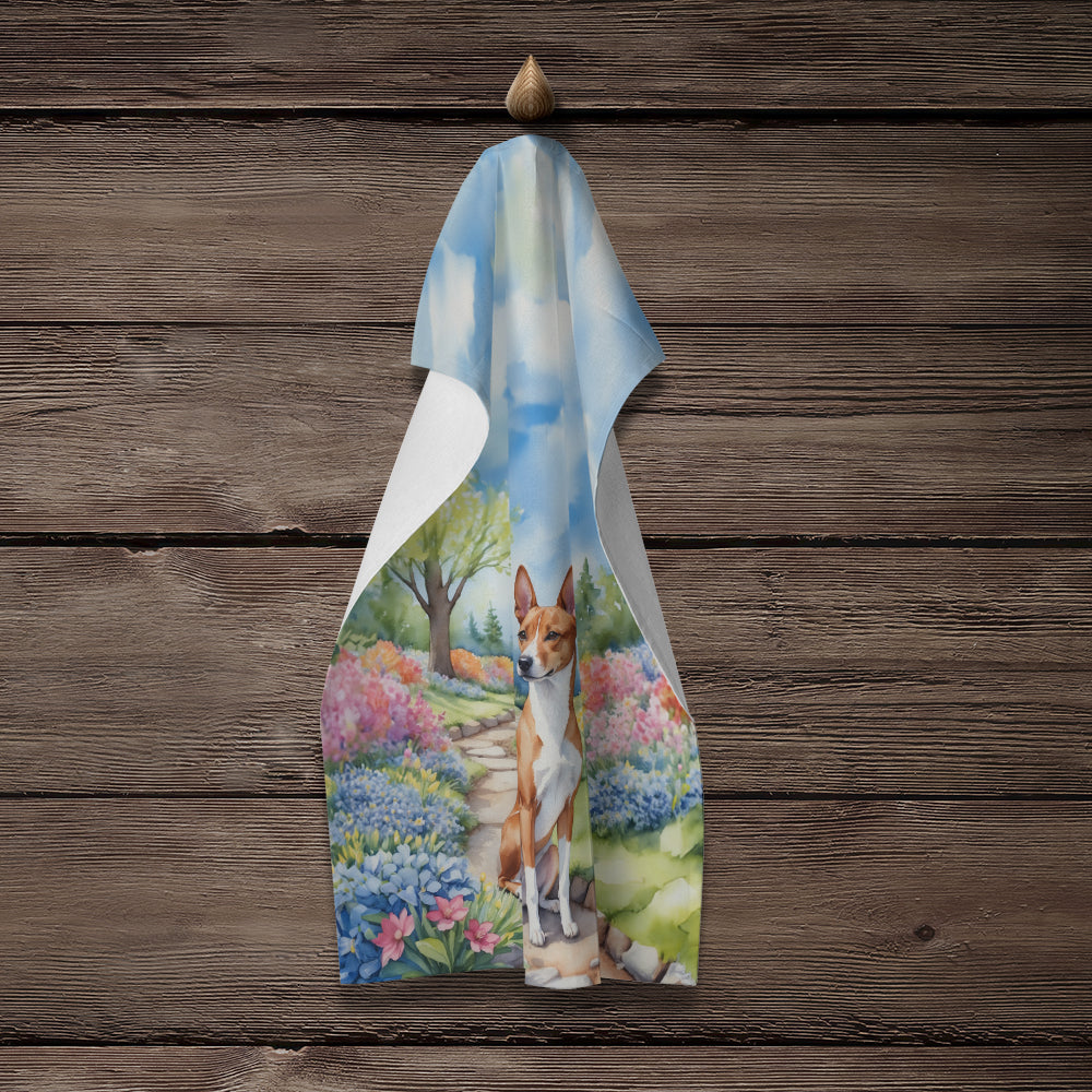 Basenji Spring Garden Kitchen Towel Velour Plush Front and Cotton Loop Back Machine Washable