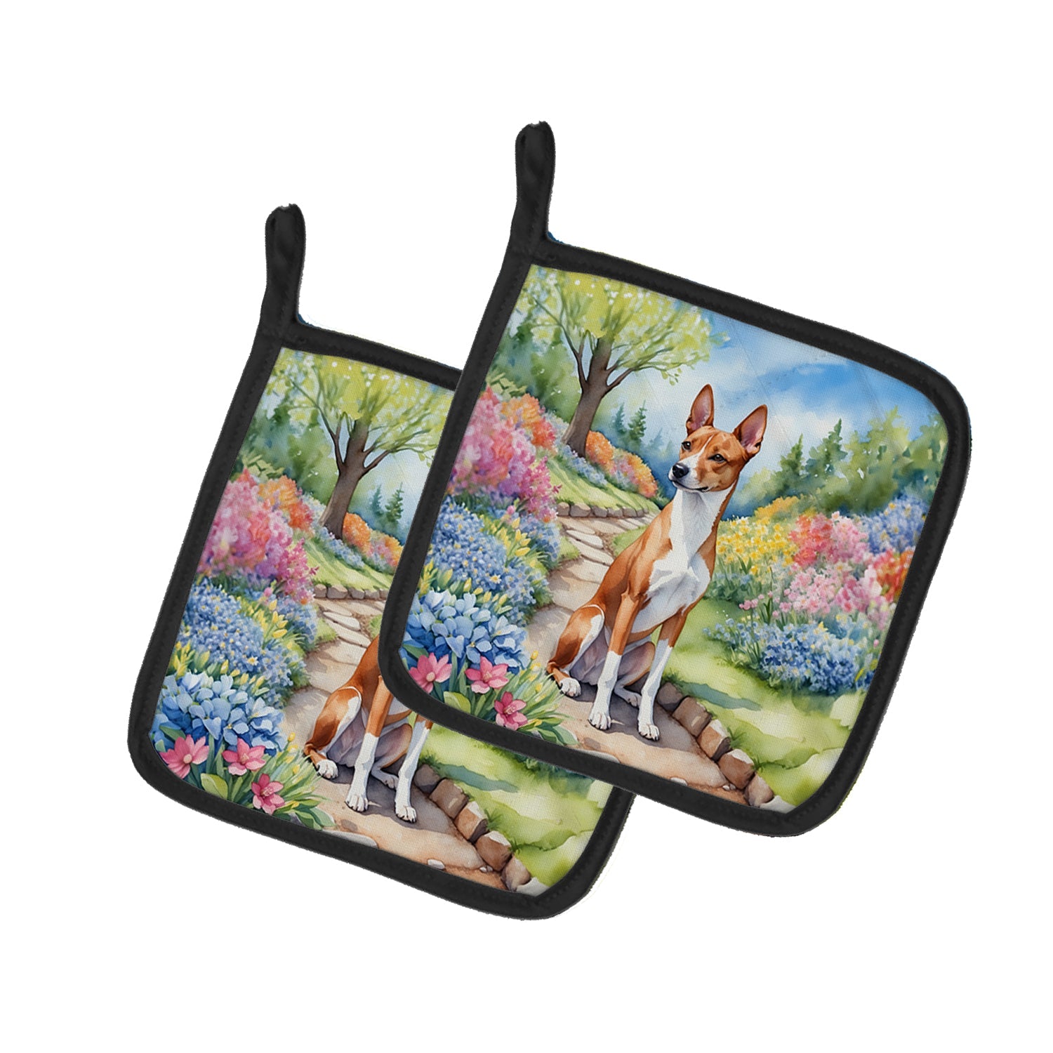 Basenji Spring Garden Pot Holder Set of 2 Heat Resistant Quilted Hot Pads 7.5 x 7.5 Inch, Insulated Kitchen Trivets for Cooking & Baking