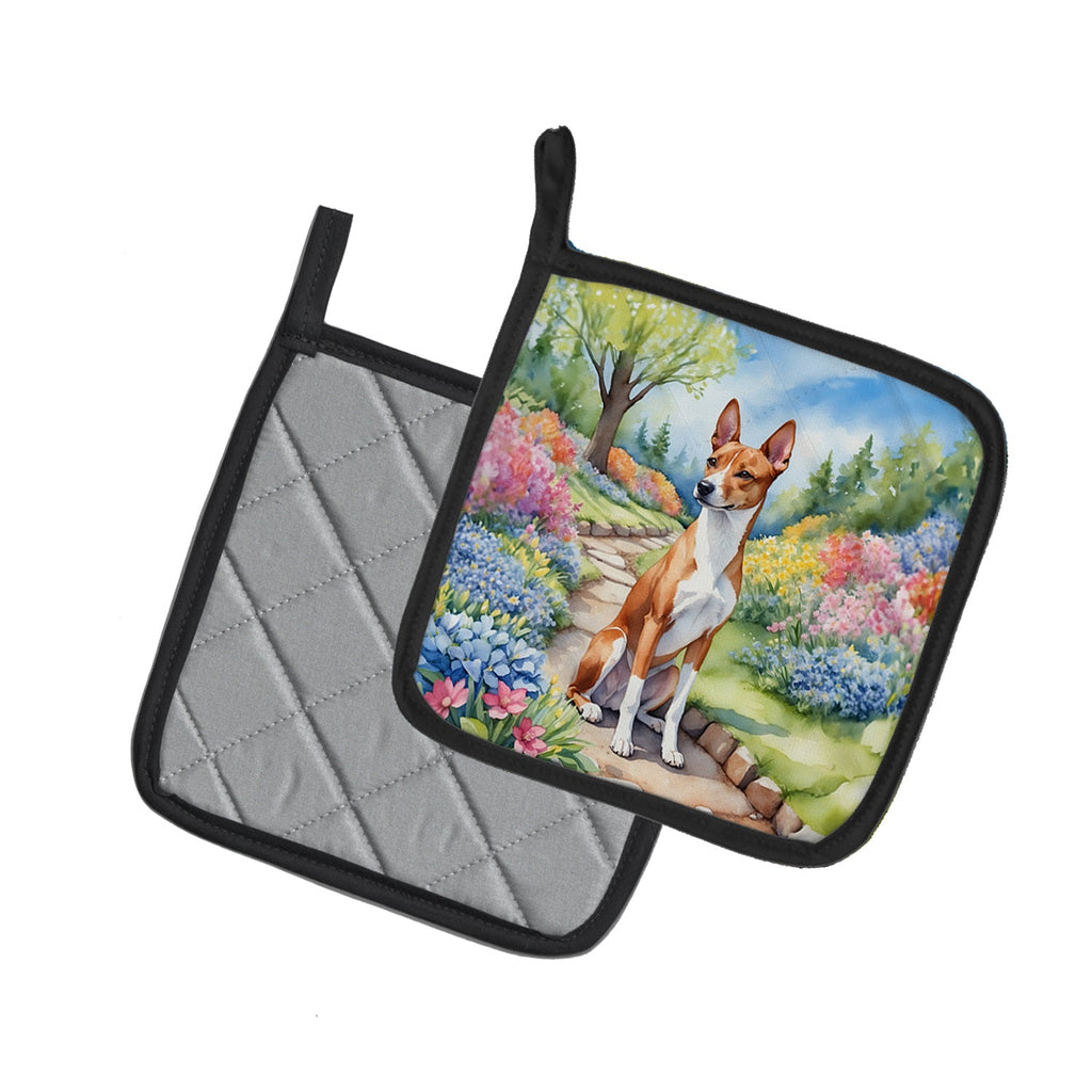 Basenji Spring Garden Pot Holder Set of 2 Heat Resistant Quilted Hot Pads 7.5 x 7.5 Inch, Insulated Kitchen Trivets for Cooking & Baking