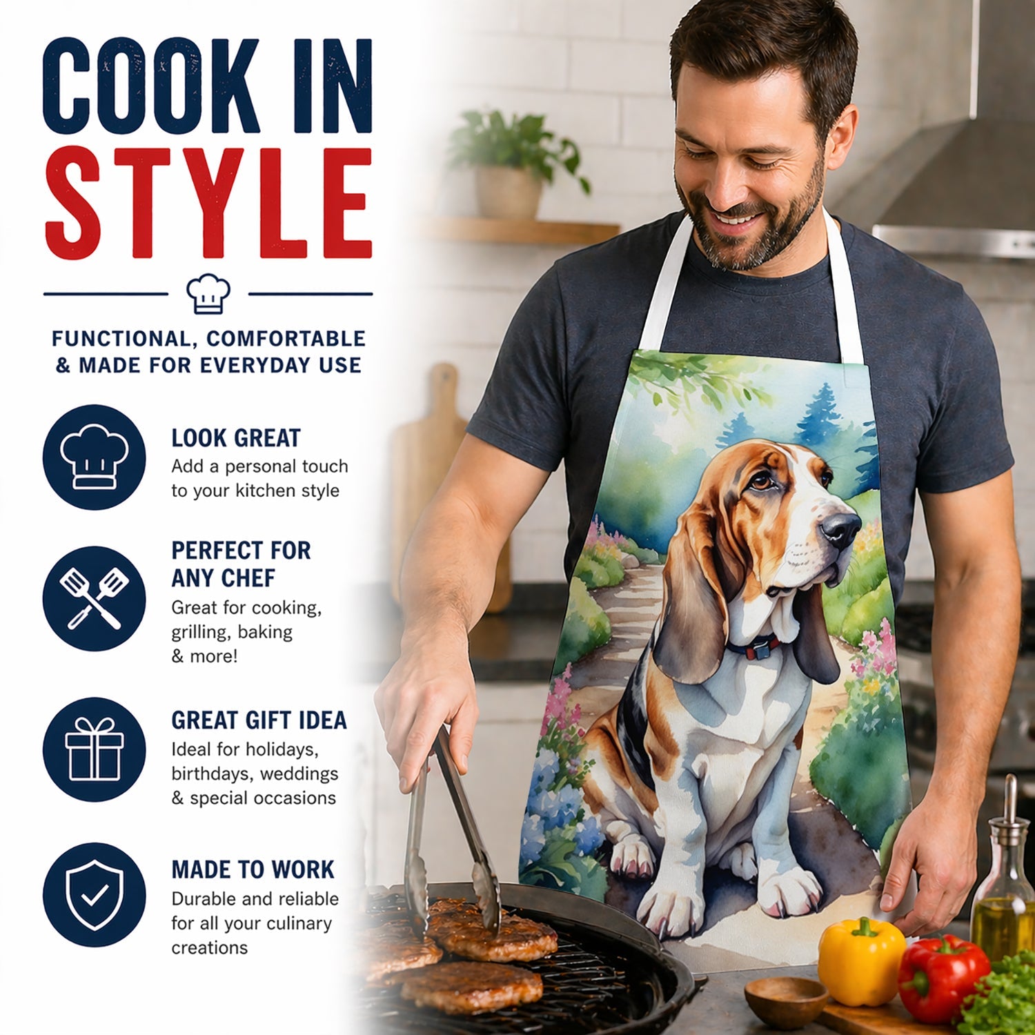 Basset Hound Spring Garden Apron Cooking Kitchen Server Baking Crafts Gardening for Adult Women Men, Unisex, Large, Multicolor
