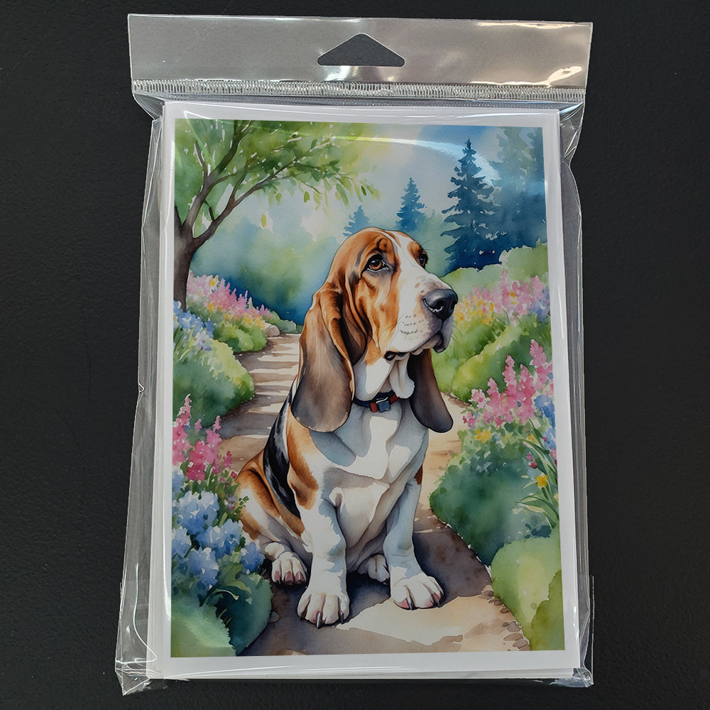 Basset Hound Spring Garden Greeting Cards Pack of 8 Blank Cards with Envelopes Whimsical A7 Size 5x7
