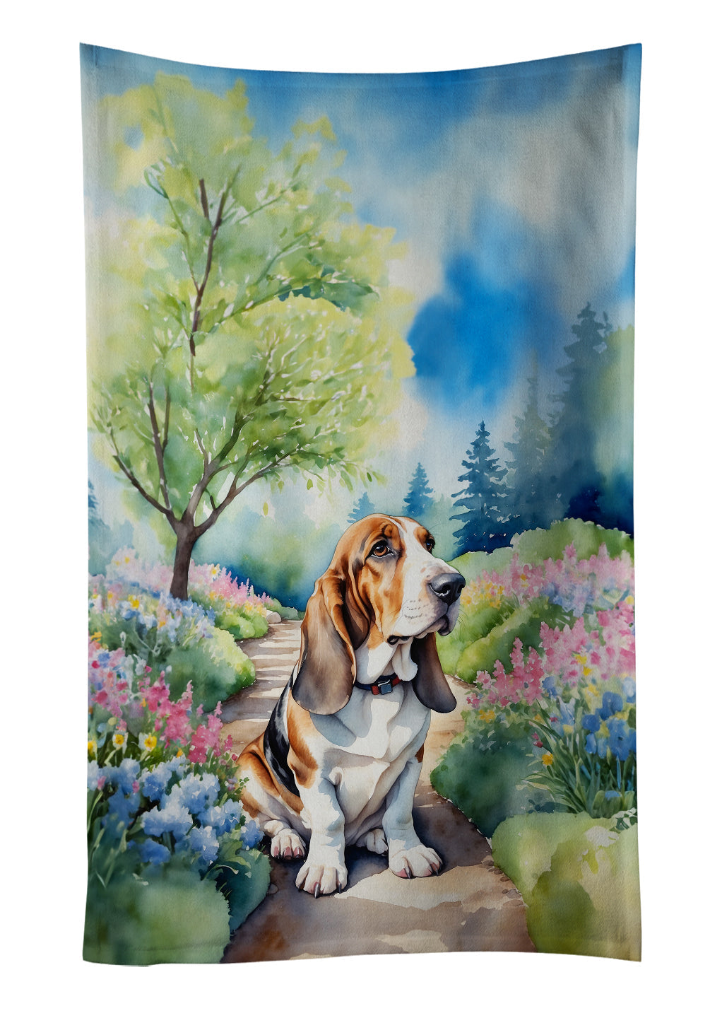 Basset Hound Spring Garden Kitchen Towel Velour Plush Front and Cotton Loop Back Machine Washable