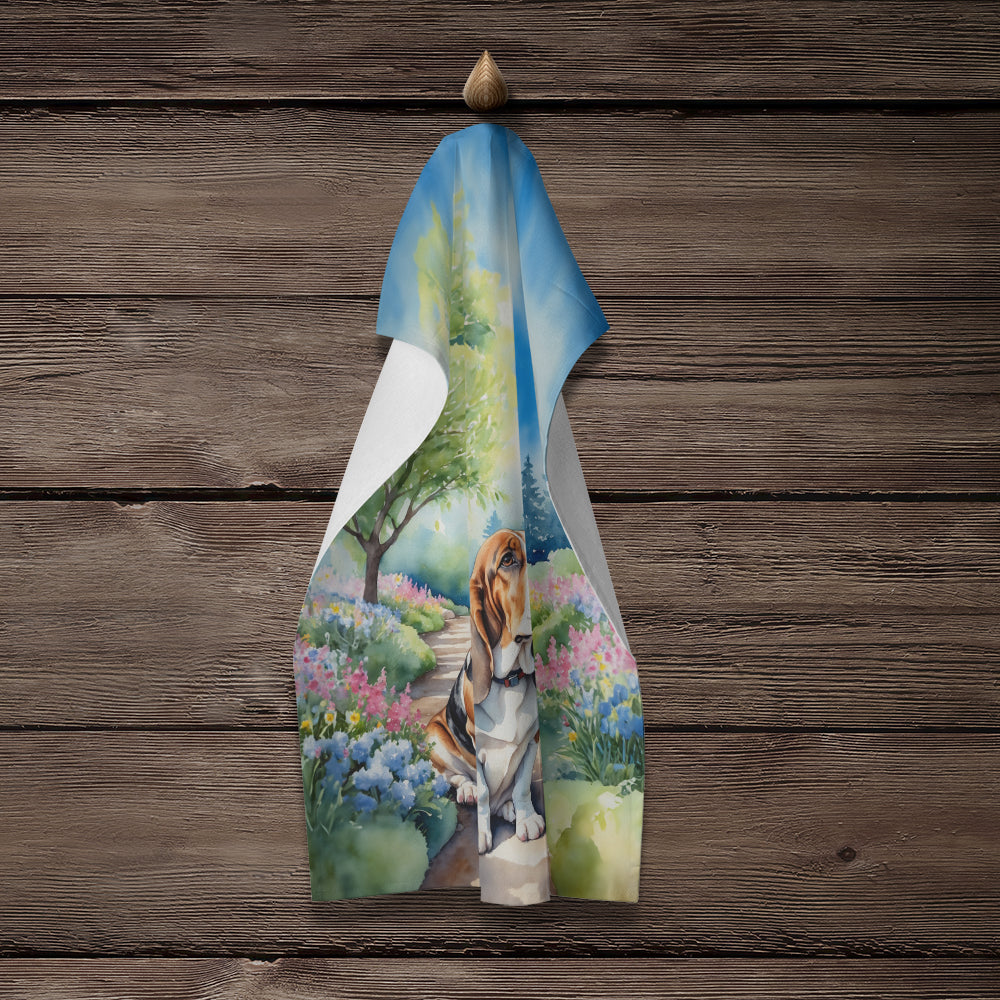 Basset Hound Spring Garden Kitchen Towel Velour Plush Front and Cotton Loop Back Machine Washable