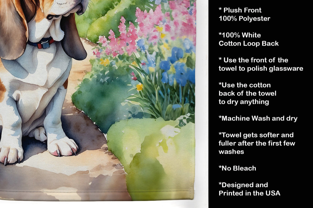 Basset Hound Spring Garden Kitchen Towel Velour Plush Front and Cotton Loop Back Machine Washable