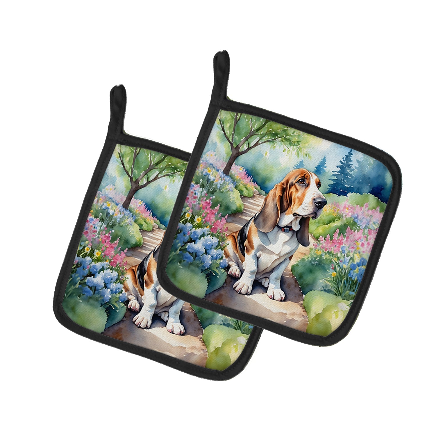 Basset Hound Spring Garden Pot Holder Set of 2 Heat Resistant Quilted Hot Pads 7.5 x 7.5 Inch, Insulated Kitchen Trivets for Cooking & Baking