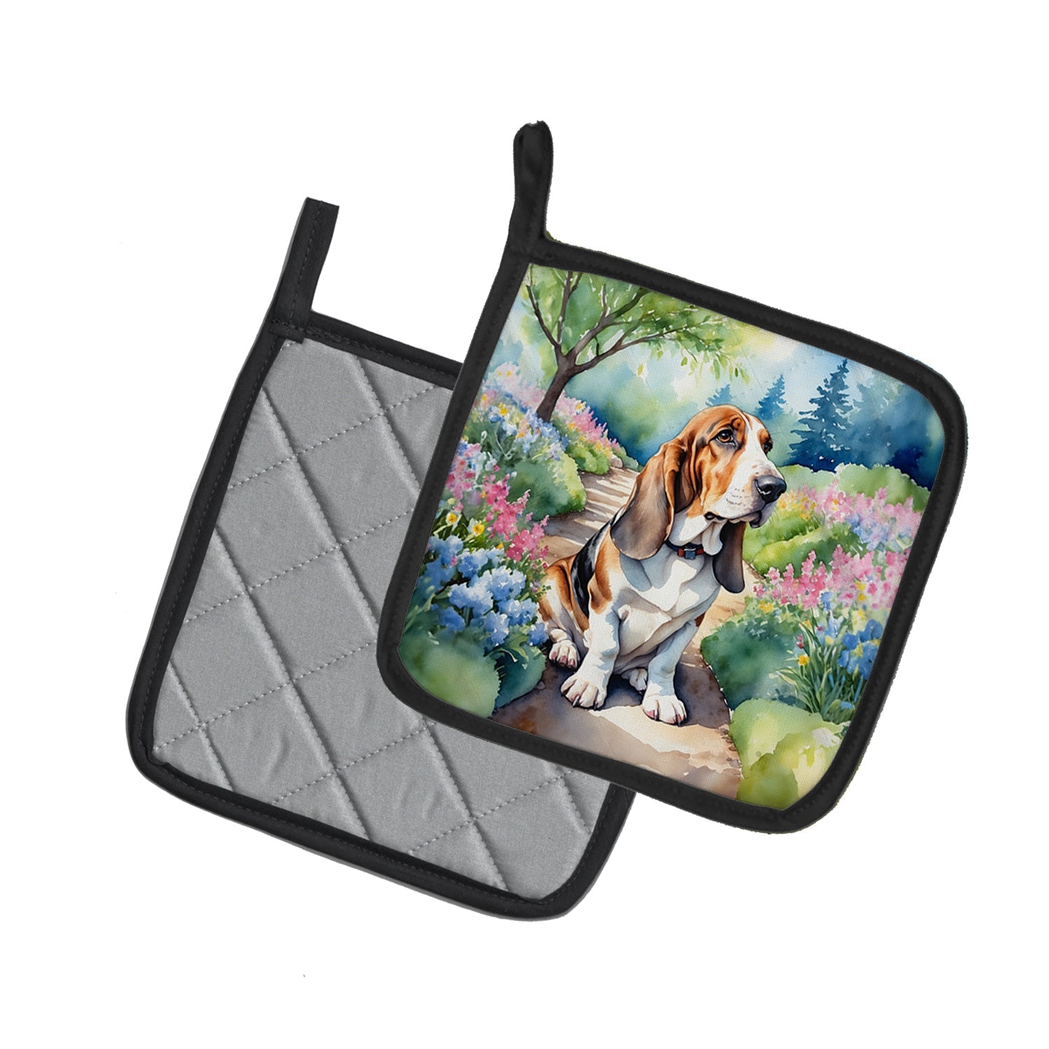 Basset Hound Spring Garden Pot Holder Set of 2 Heat Resistant Quilted Hot Pads 7.5 x 7.5 Inch, Insulated Kitchen Trivets for Cooking & Baking