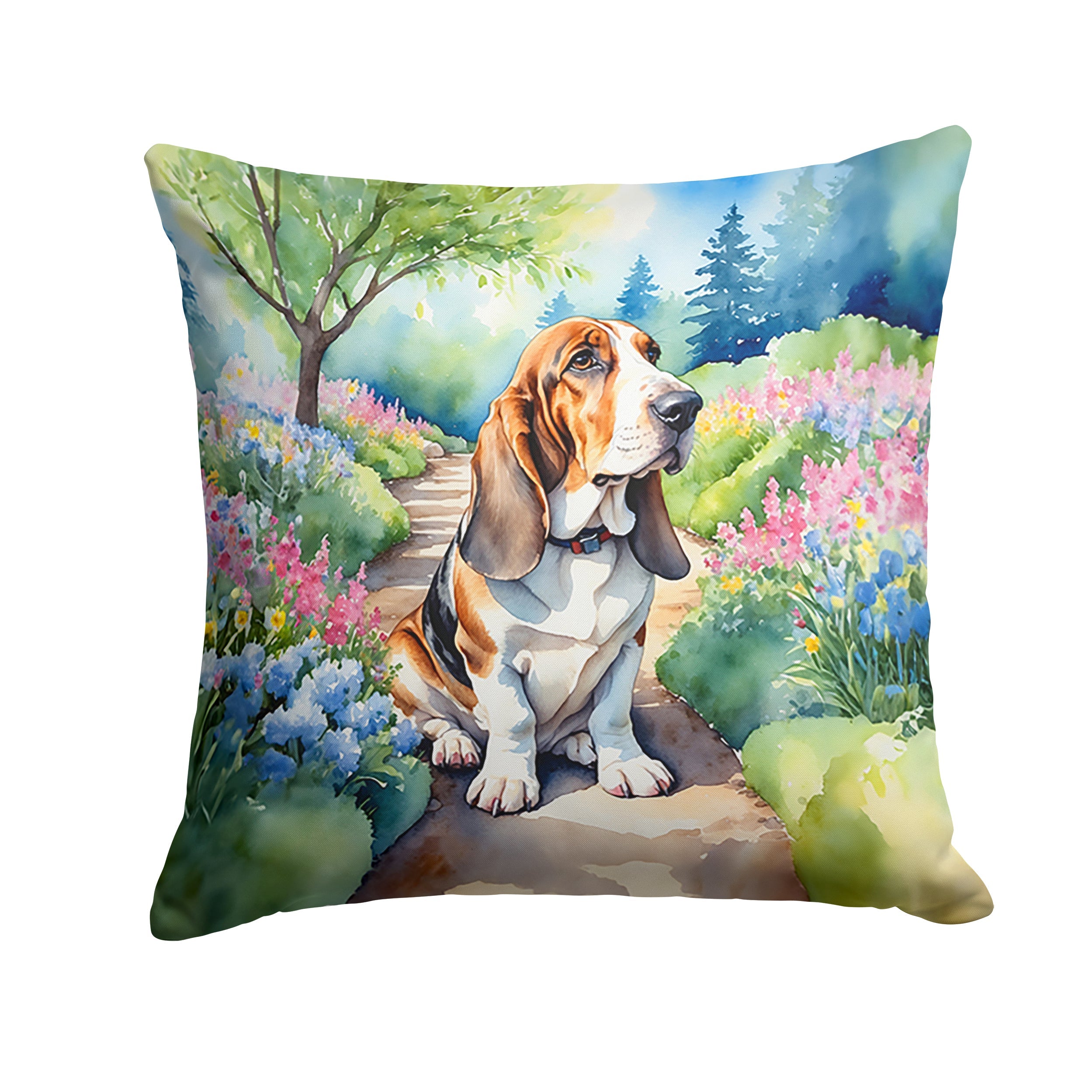 Basset Hound Spring Garden Decorative Throw Pillow 18x18 Indoor Outdoor Accent Cushion, Fabric Cover with Insert for Sofa, Bed, Porch & Living Room