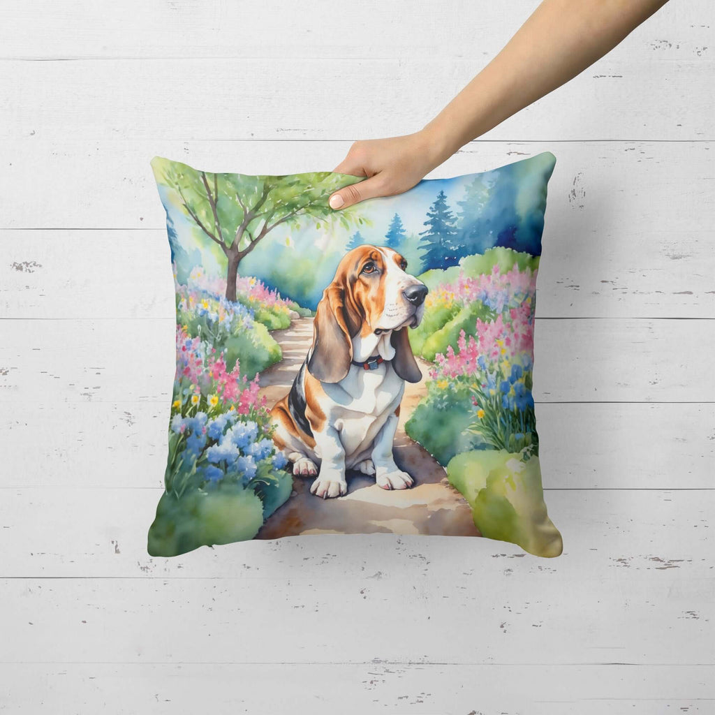 Basset Hound Spring Garden Decorative Throw Pillow 18x18 Indoor Outdoor Accent Cushion, Fabric Cover with Insert for Sofa, Bed, Porch & Living Room
