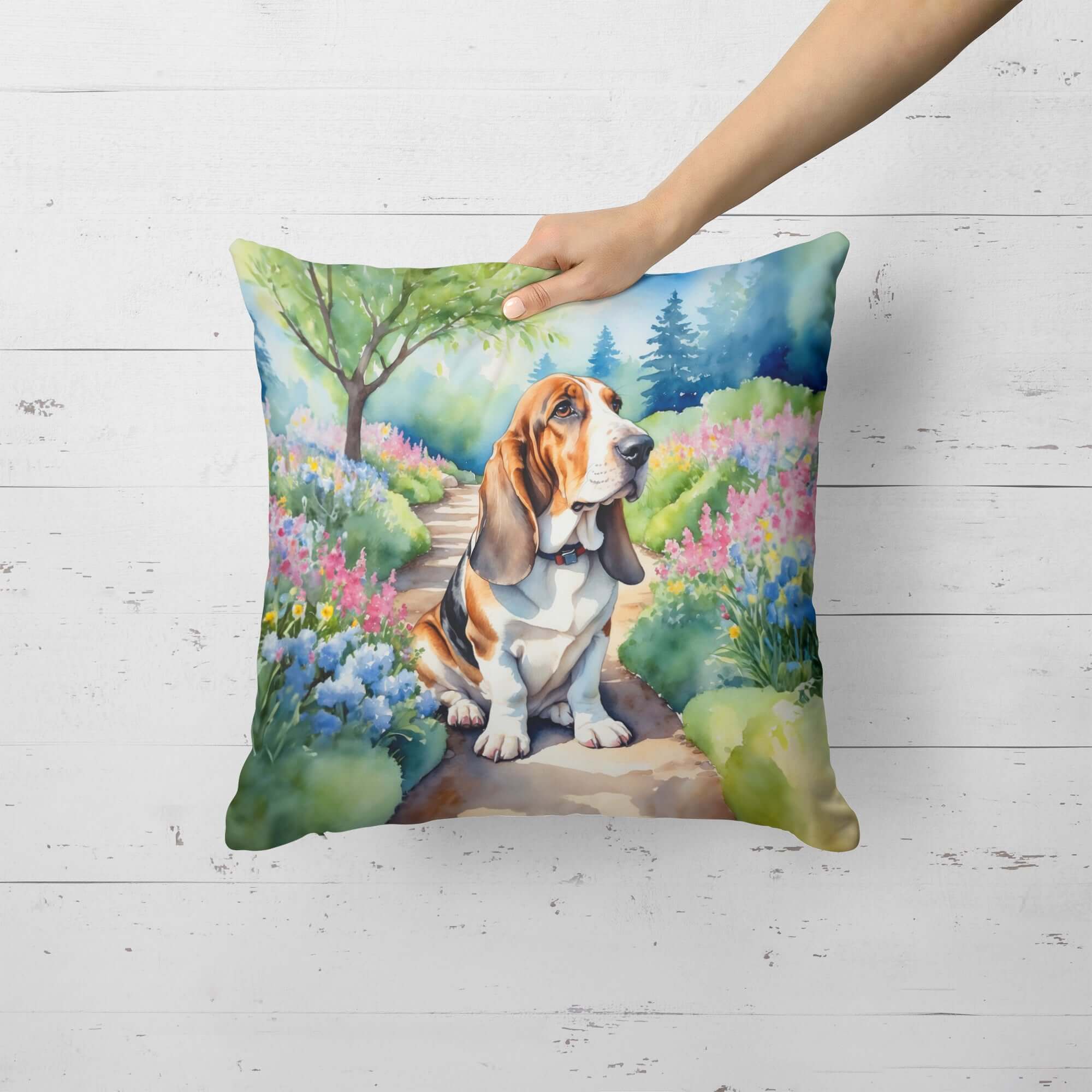 Basset Hound Spring Garden Decorative Throw Pillow 18x18 Indoor Outdoor Accent Cushion, Fabric Cover with Insert for Sofa, Bed, Porch & Living Room