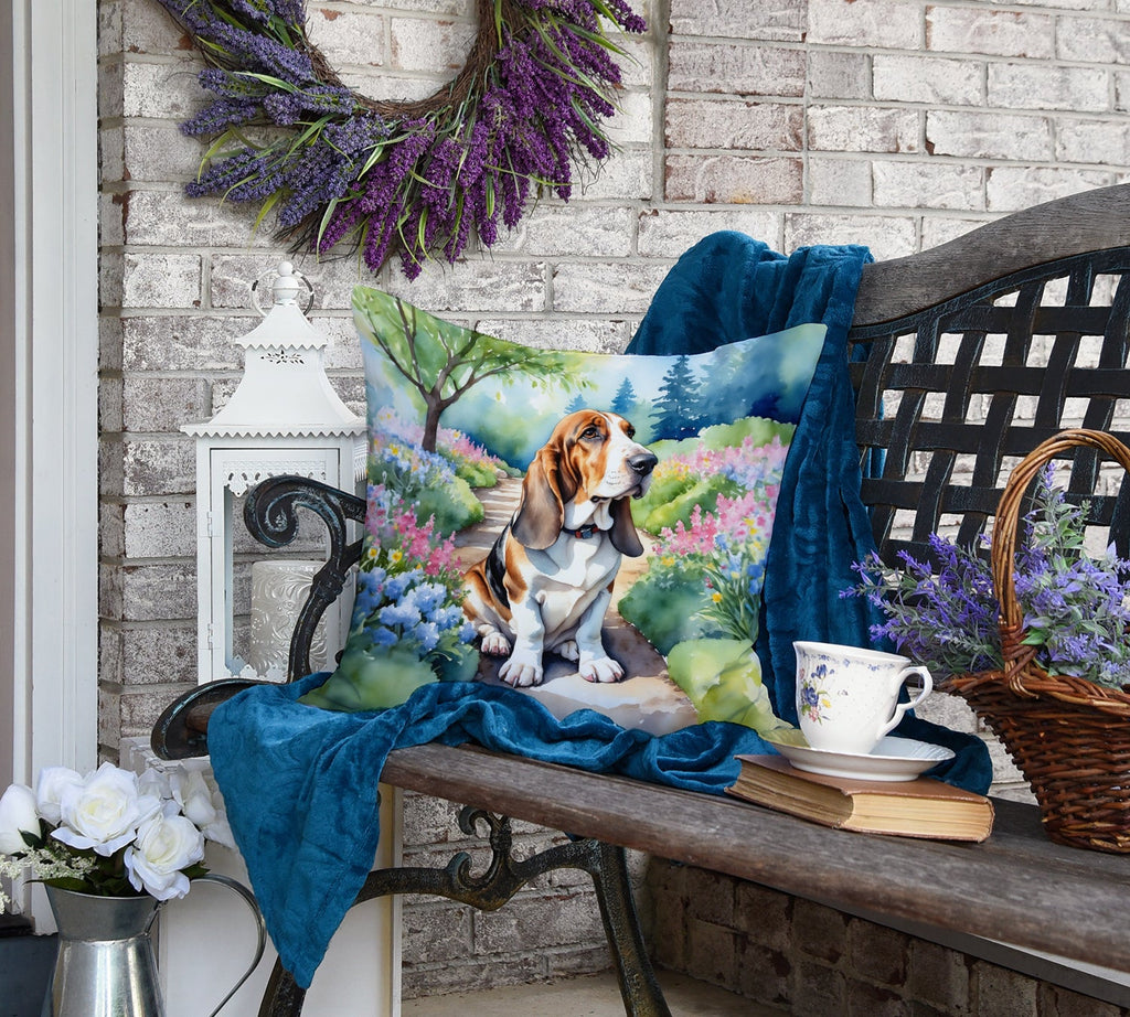 Basset Hound Spring Garden Decorative Throw Pillow 18x18 Indoor Outdoor Accent Cushion, Fabric Cover with Insert for Sofa, Bed, Porch & Living Room