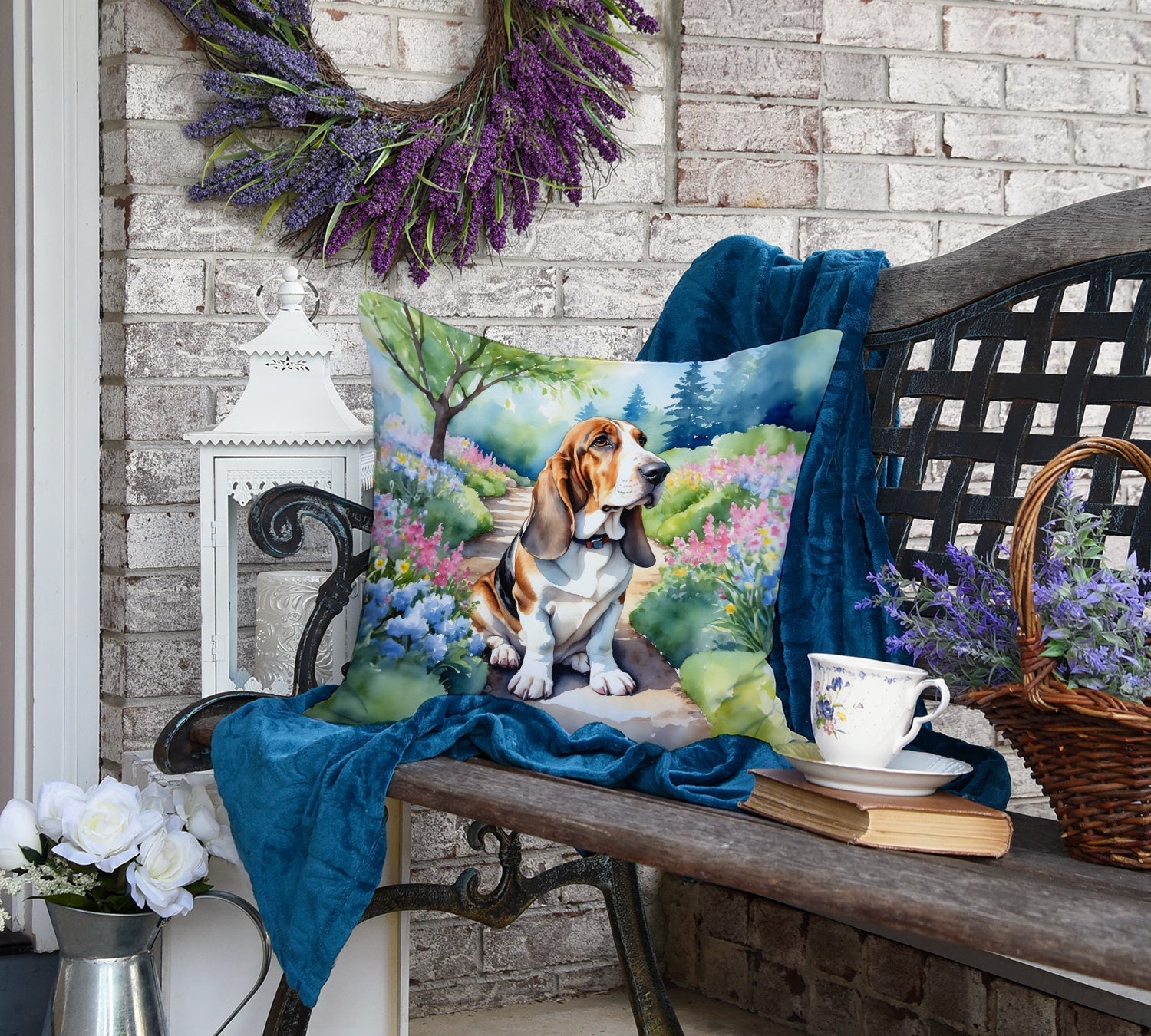 Basset Hound Spring Garden Decorative Throw Pillow 18x18 Indoor Outdoor Accent Cushion, Fabric Cover with Insert for Sofa, Bed, Porch & Living Room