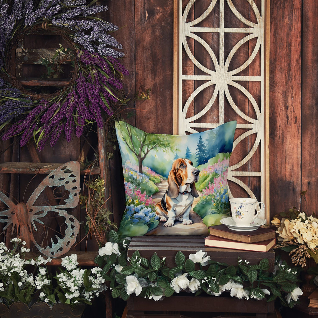 Basset Hound Spring Garden Decorative Throw Pillow 18x18 Indoor Outdoor Accent Cushion, Fabric Cover with Insert for Sofa, Bed, Porch & Living Room