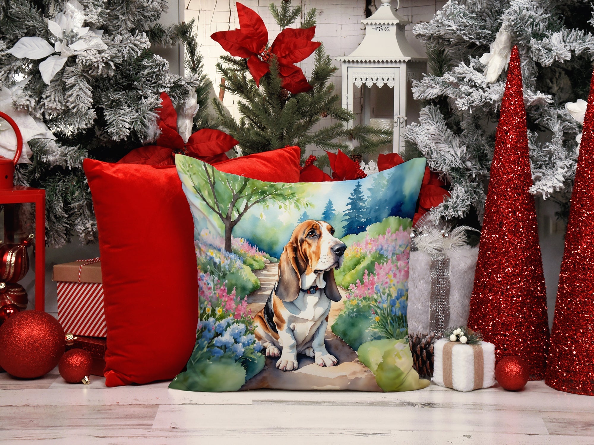 Basset Hound Spring Garden Decorative Throw Pillow 18x18 Indoor Outdoor Accent Cushion, Fabric Cover with Insert for Sofa, Bed, Porch & Living Room