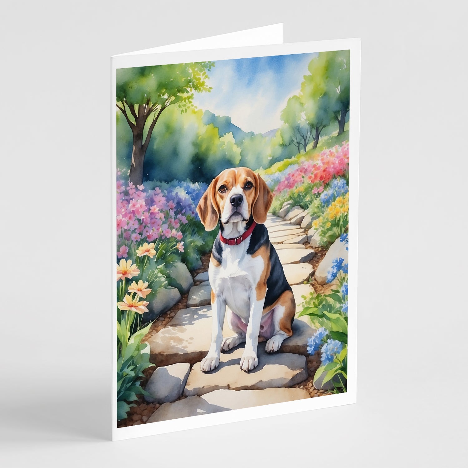 Beagle Spring Garden Greeting Cards Pack of 8 Blank Cards with Envelopes Whimsical A7 Size 5x7