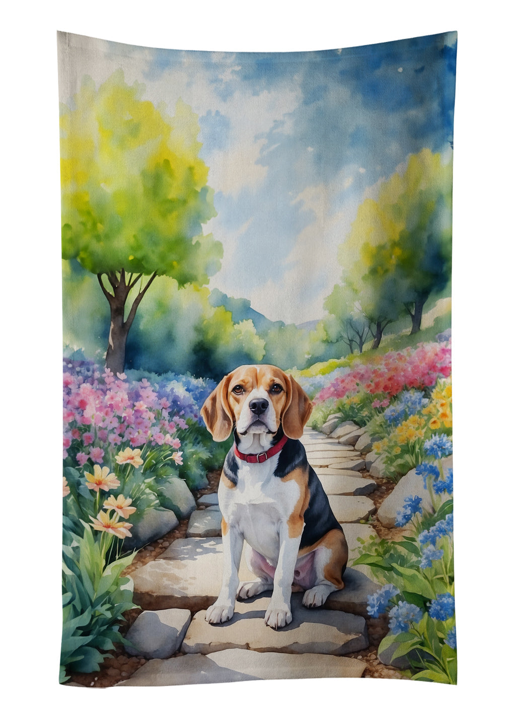 Beagle Spring Garden Kitchen Towel Velour Plush Front and Cotton Loop Back Machine Washable
