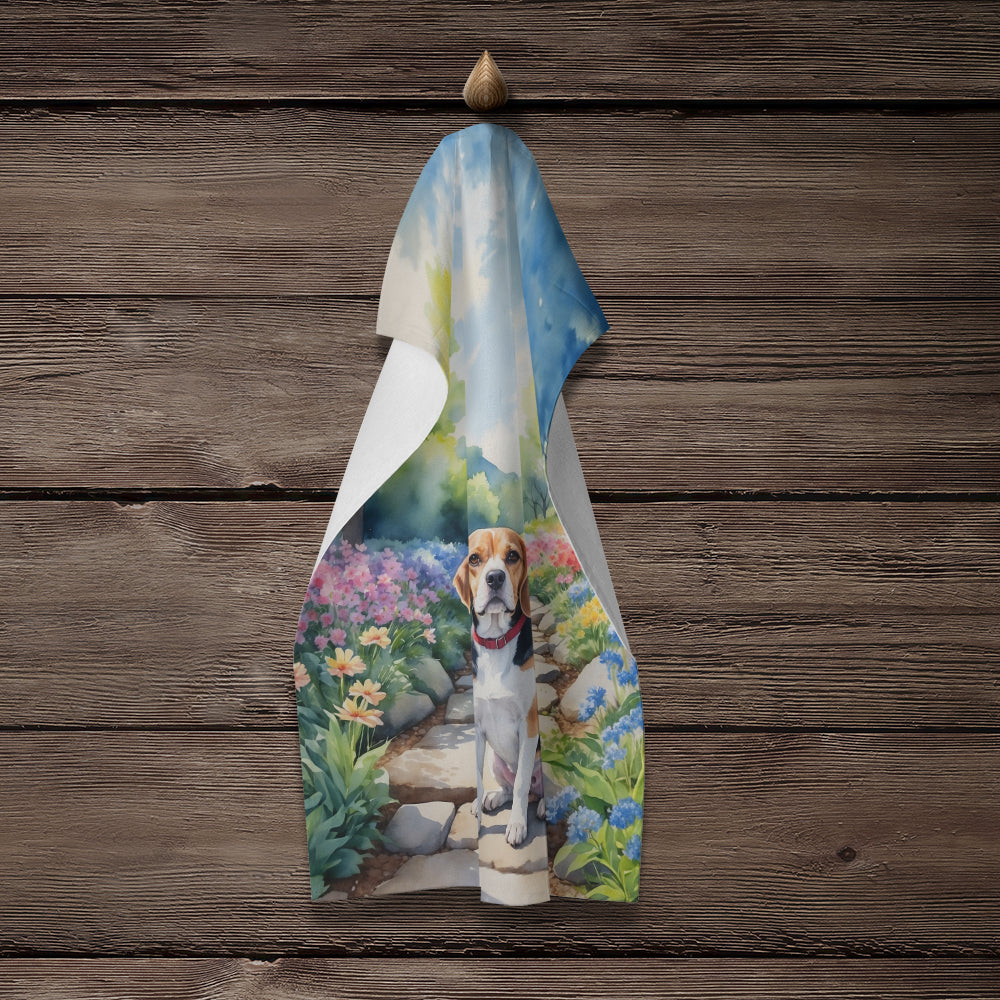 Beagle Spring Garden Kitchen Towel Velour Plush Front and Cotton Loop Back Machine Washable