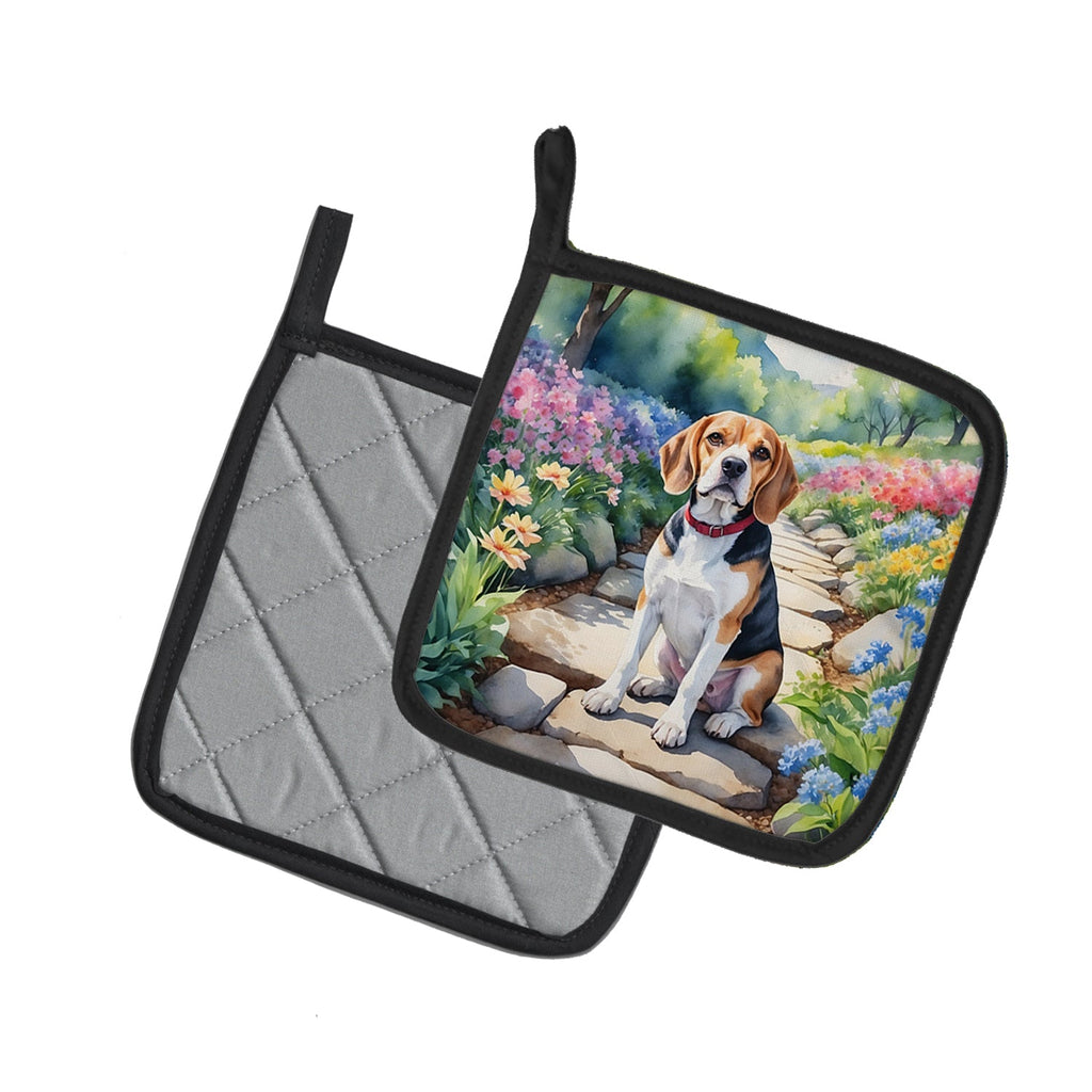 Beagle Spring Garden Pot Holder Set of 2 Heat Resistant Quilted Hot Pads 7.5 x 7.5 Inch, Insulated Kitchen Trivets for Cooking & Baking