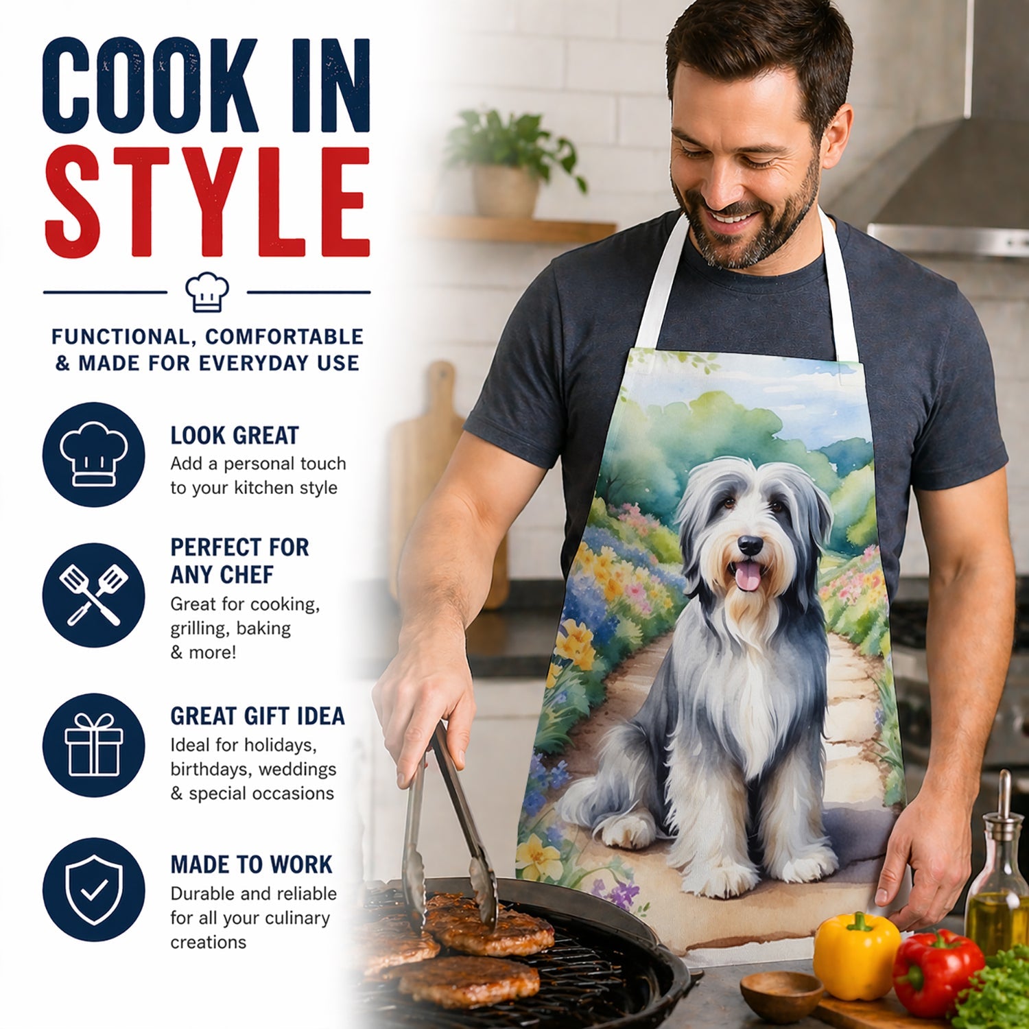 Bearded Collie Spring Garden Apron Cooking Kitchen Server Baking Crafts Gardening for Adult Women Men, Unisex, Large, Multicolor
