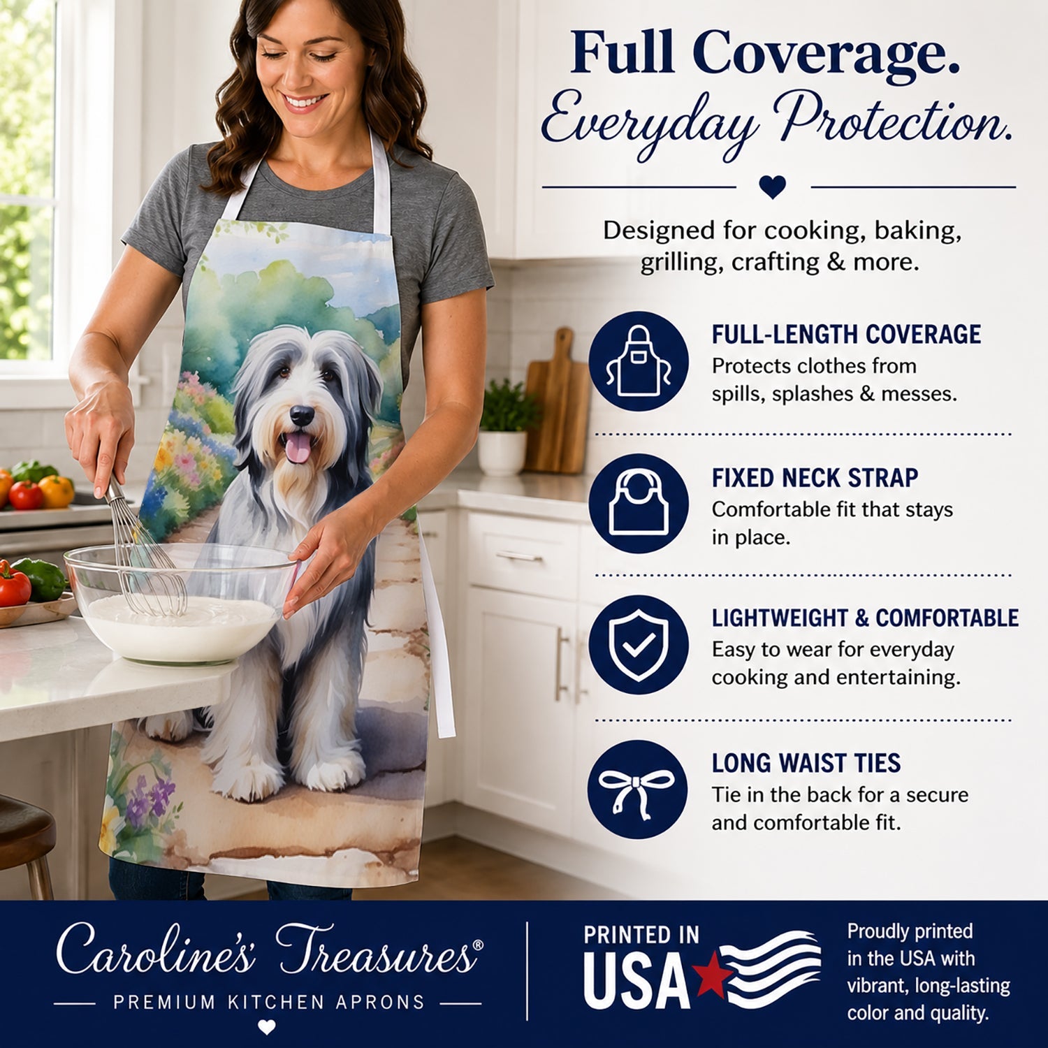 Bearded Collie Spring Garden Apron Cooking Kitchen Server Baking Crafts Gardening for Adult Women Men, Unisex, Large, Multicolor