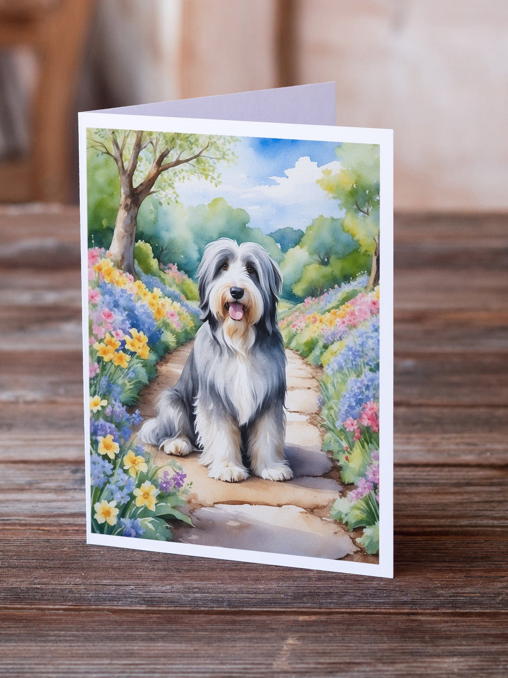 Bearded Collie Spring Garden Greeting Cards Pack of 8 Blank Cards with Envelopes Whimsical A7 Size 5x7