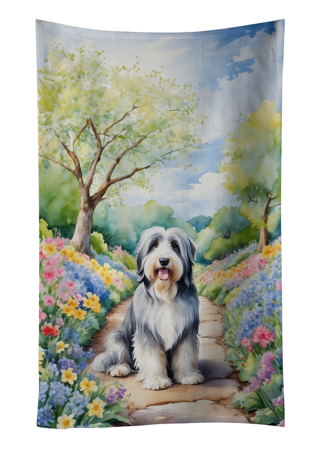Bearded Collie Spring Garden Kitchen Towel Velour Plush Front and Cotton Loop Back Machine Washable