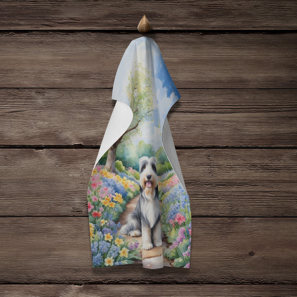 Bearded Collie Spring Garden Kitchen Towel Velour Plush Front and Cotton Loop Back Machine Washable