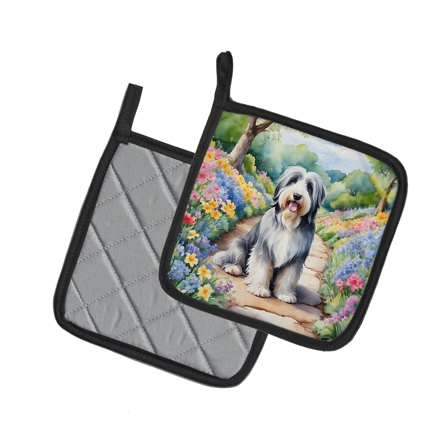 Bearded Collie Spring Garden Pot Holder Set of 2 Heat Resistant Quilted Hot Pads 7.5 x 7.5 Inch, Insulated Kitchen Trivets for Cooking & Baking