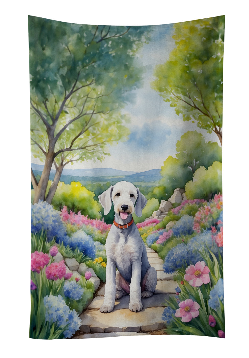 Bedlington Terrier Spring Garden Kitchen Towel Velour Plush Front and Cotton Loop Back Machine Washable