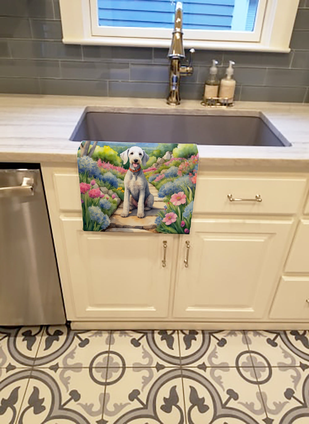 Bedlington Terrier Spring Garden Kitchen Towel Velour Plush Front and Cotton Loop Back Machine Washable