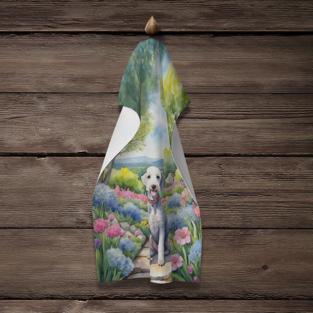 Bedlington Terrier Spring Garden Kitchen Towel Velour Plush Front and Cotton Loop Back Machine Washable