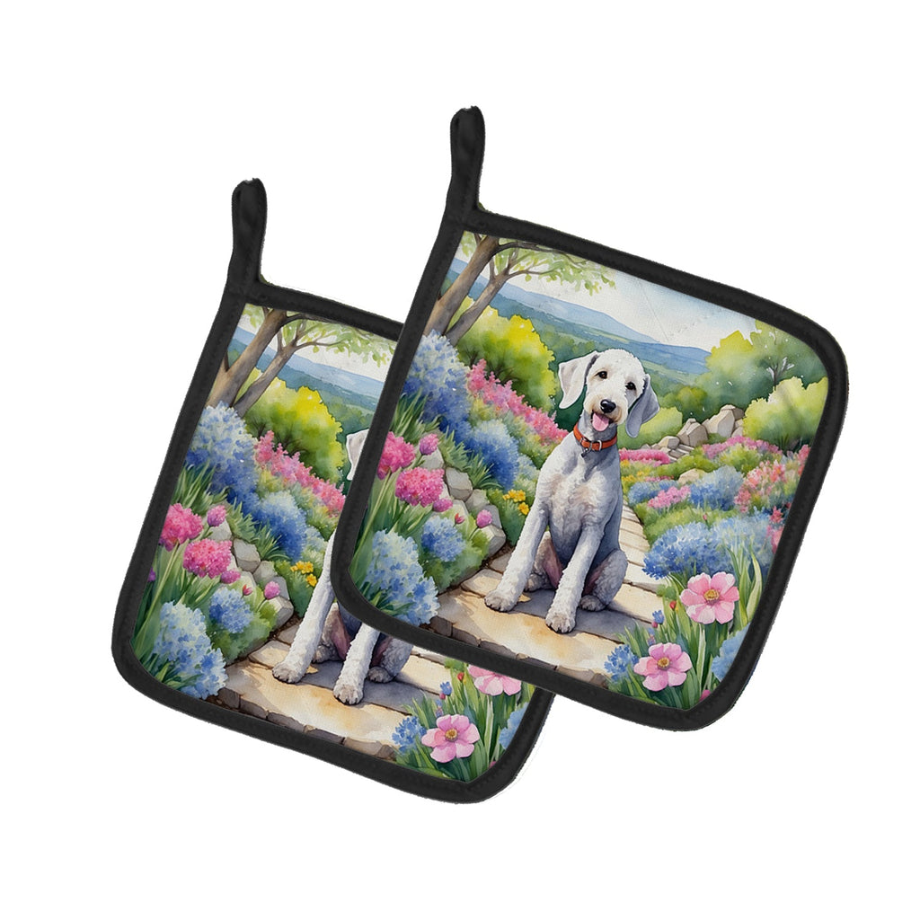 Bedlington Terrier Spring Garden Pot Holder Set of 2 Heat Resistant Quilted Hot Pads 7.5 x 7.5 Inch, Insulated Kitchen Trivets for Cooking & Baking