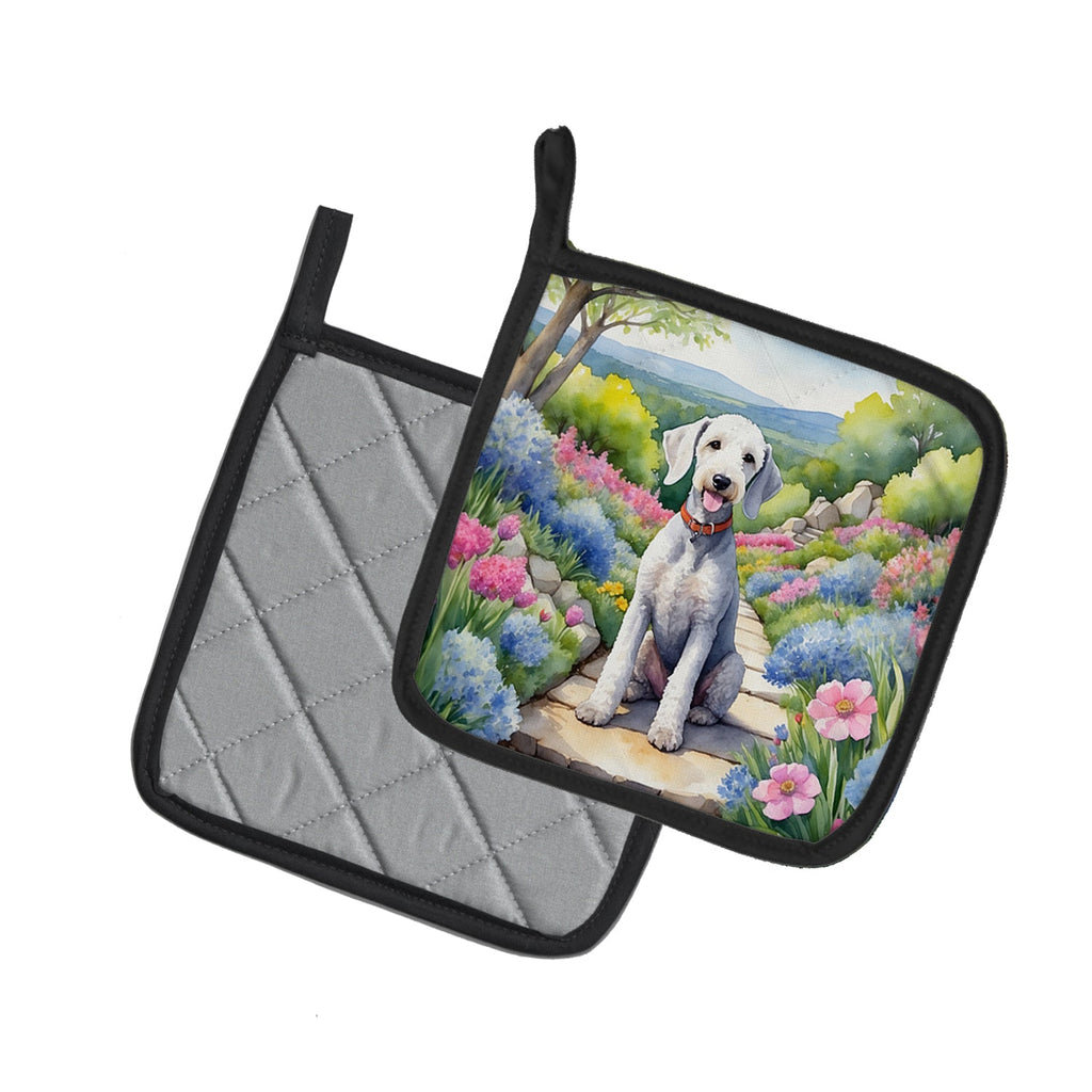Bedlington Terrier Spring Garden Pot Holder Set of 2 Heat Resistant Quilted Hot Pads 7.5 x 7.5 Inch, Insulated Kitchen Trivets for Cooking & Baking