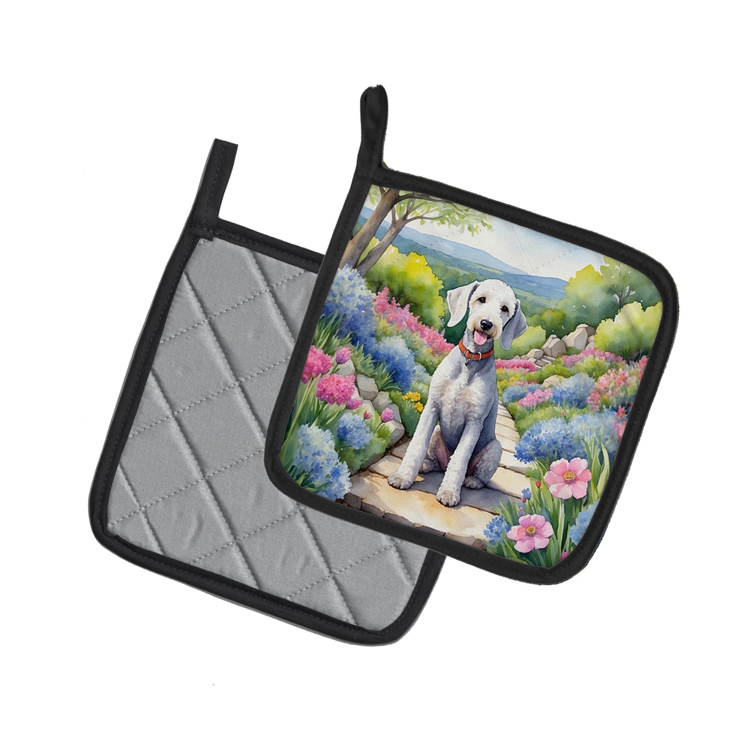 Bedlington Terrier Spring Garden Pot Holder Set of 2 Heat Resistant Quilted Hot Pads 7.5 x 7.5 Inch, Insulated Kitchen Trivets for Cooking & Baking