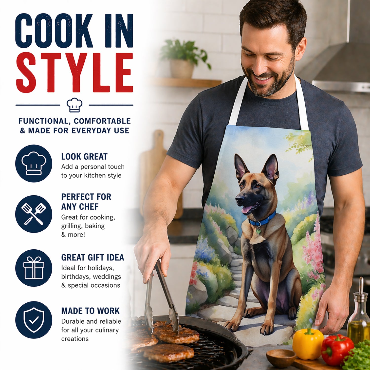 Belgian Malinois Spring Garden Apron Cooking Kitchen Server Baking Crafts Gardening for Adult Women Men, Unisex, Large, Multicolor