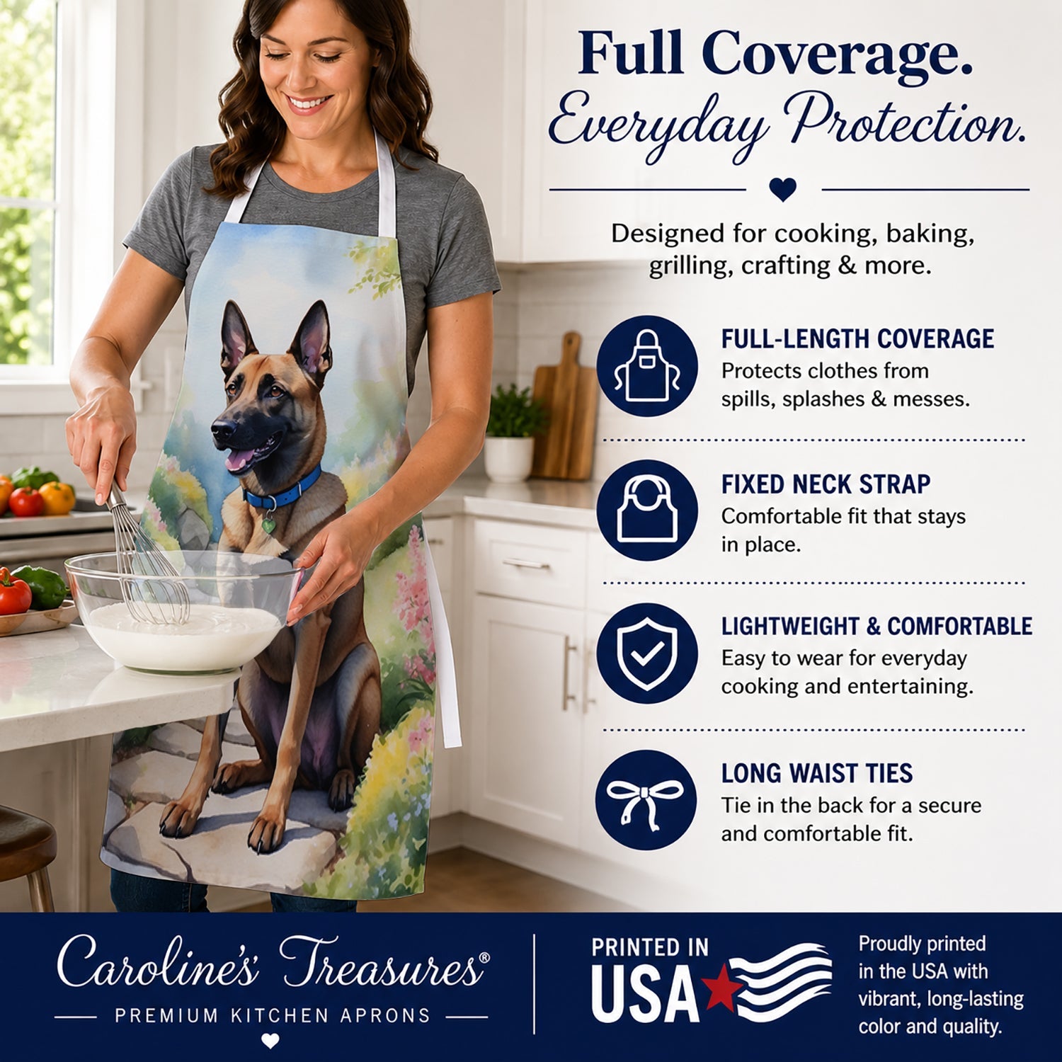Belgian Malinois Spring Garden Apron Cooking Kitchen Server Baking Crafts Gardening for Adult Women Men, Unisex, Large, Multicolor