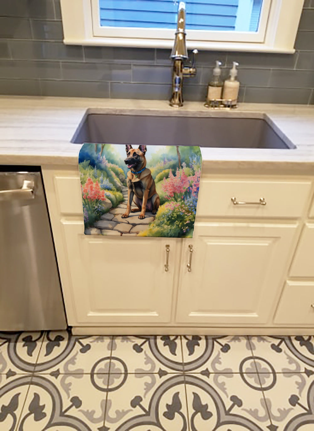 Belgian Malinois Spring Garden Kitchen Towel Velour Plush Front and Cotton Loop Back Machine Washable