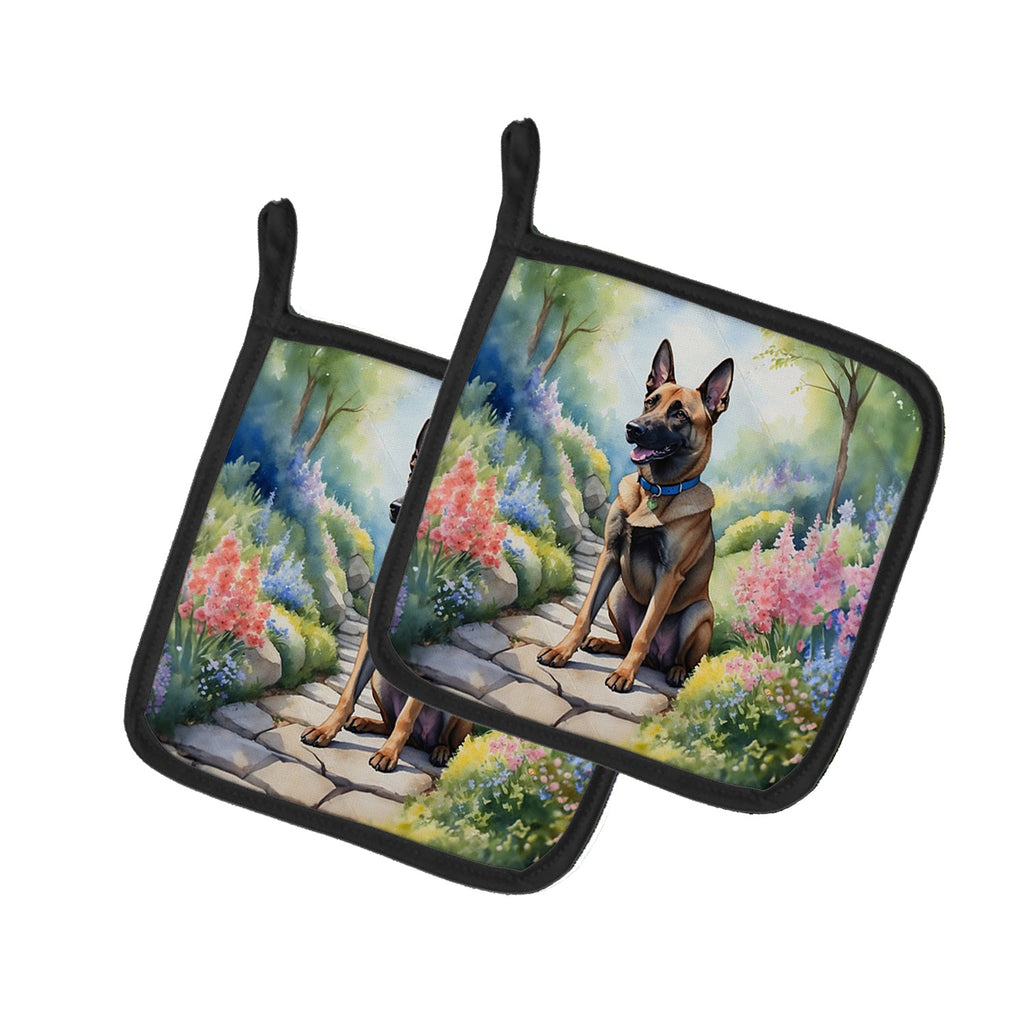 Belgian Malinois Spring Garden Pot Holder Set of 2 Heat Resistant Quilted Hot Pads 7.5 x 7.5 Inch, Insulated Kitchen Trivets for Cooking & Baking