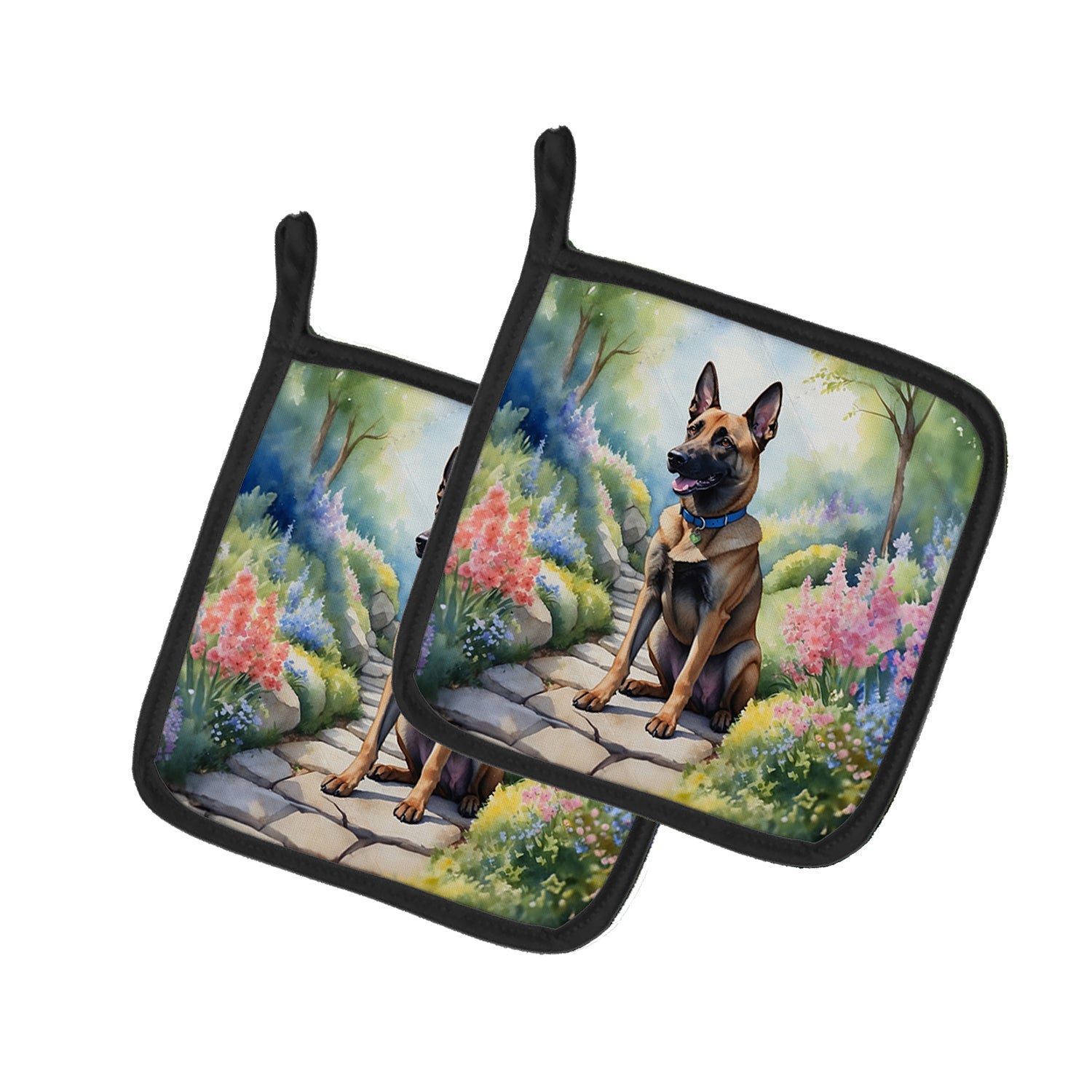 Belgian Malinois Spring Garden Pot Holder Set of 2 Heat Resistant Quilted Hot Pads 7.5 x 7.5 Inch, Insulated Kitchen Trivets for Cooking & Baking