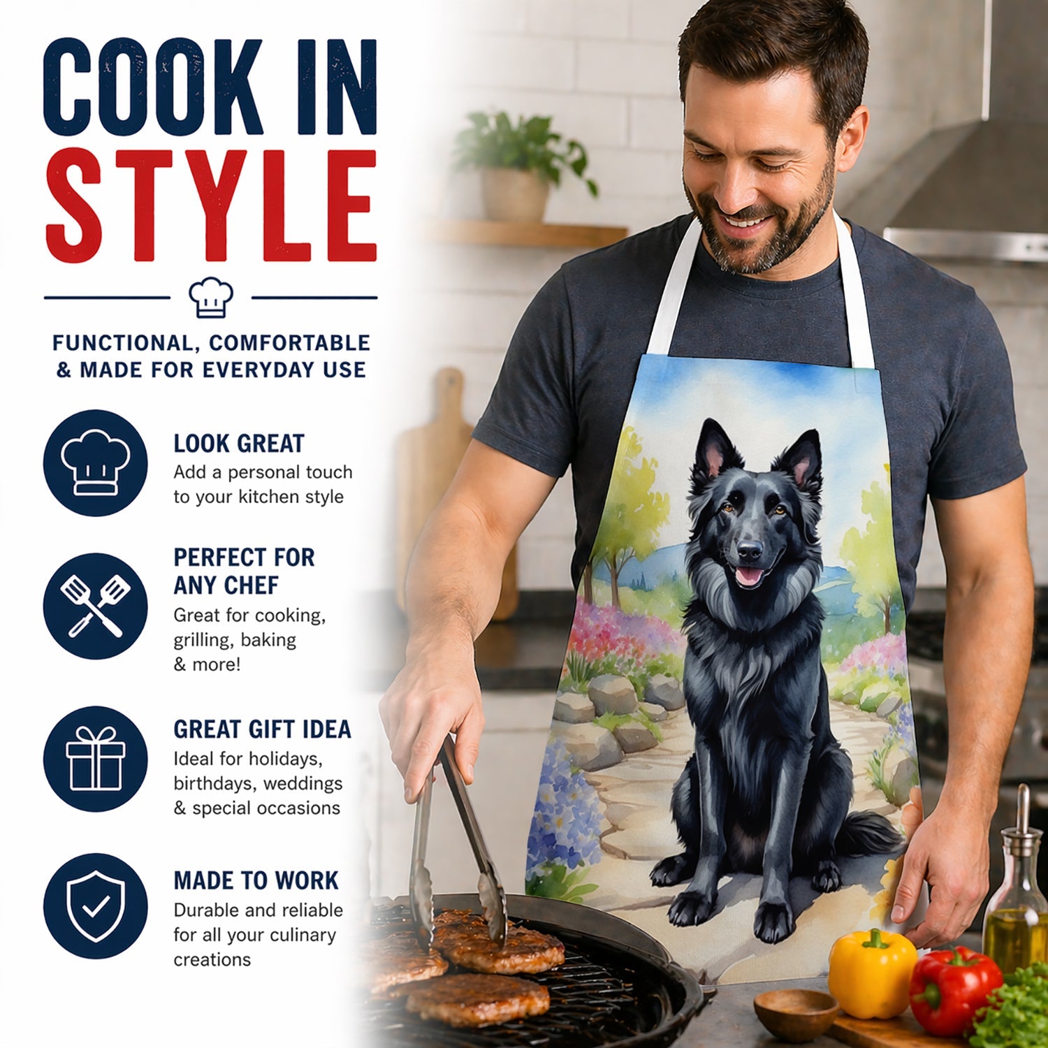 Belgian Sheepdog Spring Path Apron Cooking Kitchen Server Baking Crafts Gardening for Adult Women Men, Unisex, Large, Multicolor