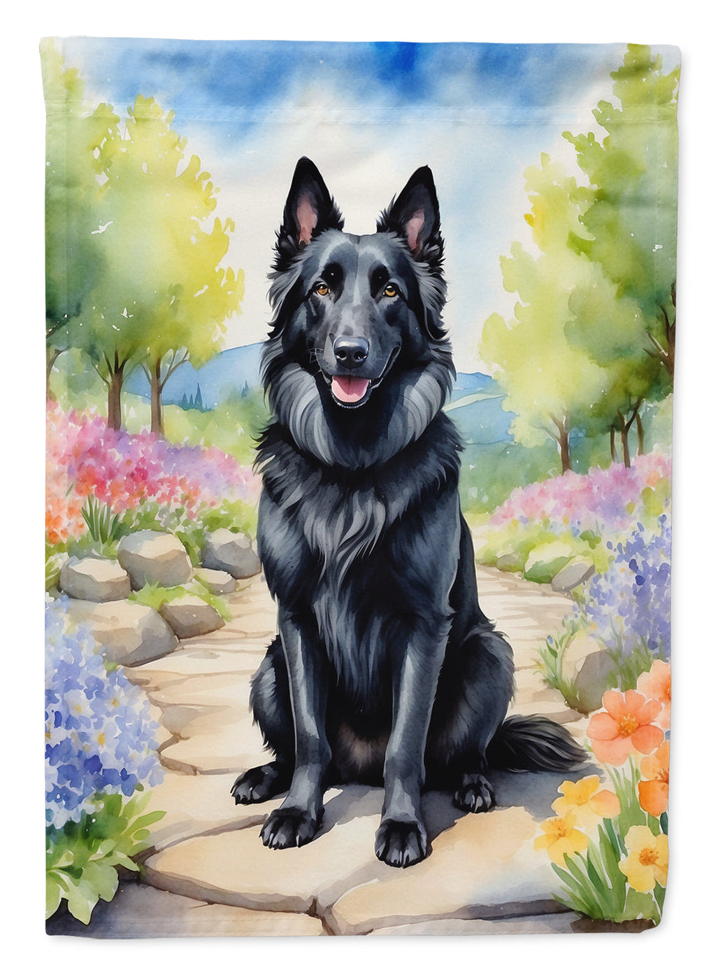 Belgian Sheepdog Spring Path House Flag 28x40 Porch Sleeve Pole Decorative Outside Yard Banner Artwork Wall Hanging, Polyester