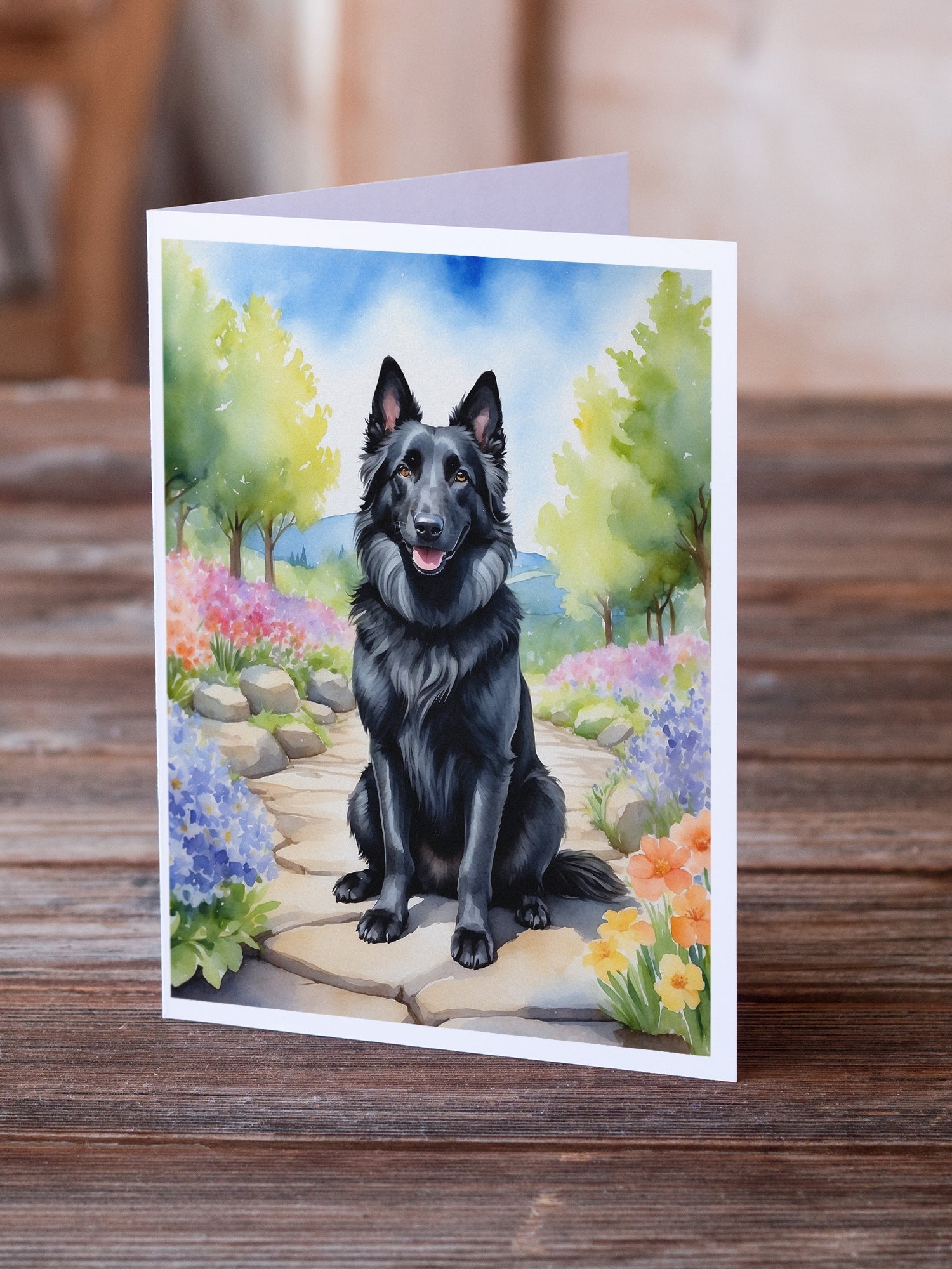 Belgian Sheepdog Spring Path Greeting Cards Pack of 8 Blank Cards with Envelopes Whimsical A7 Size 5x7