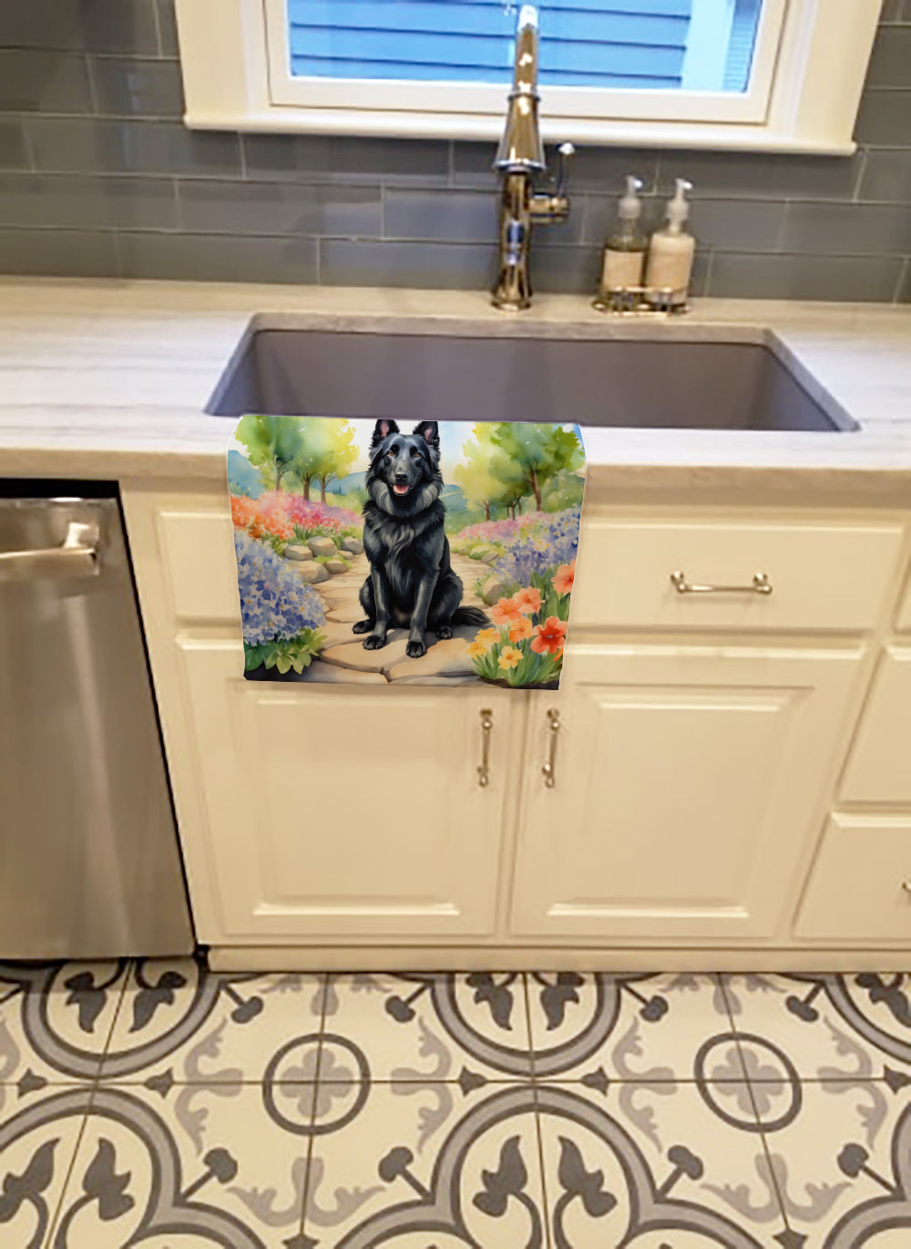 Belgian Sheepdog Spring Path Kitchen Towel Velour Plush Front and Cotton Loop Back Machine Washable